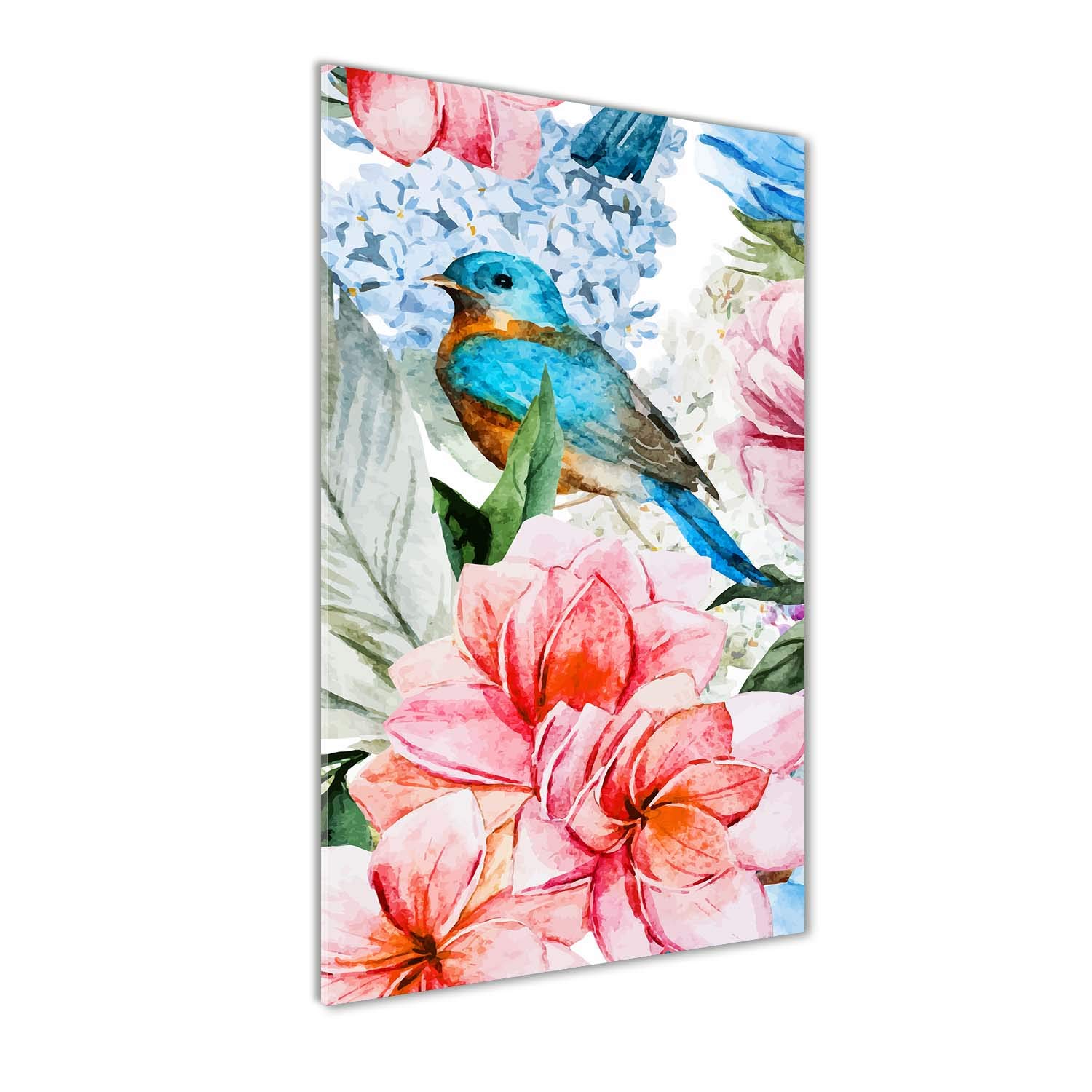 Tableau en verre trempé 70x140 cm fleurs et oiseaux pour un salon élégant