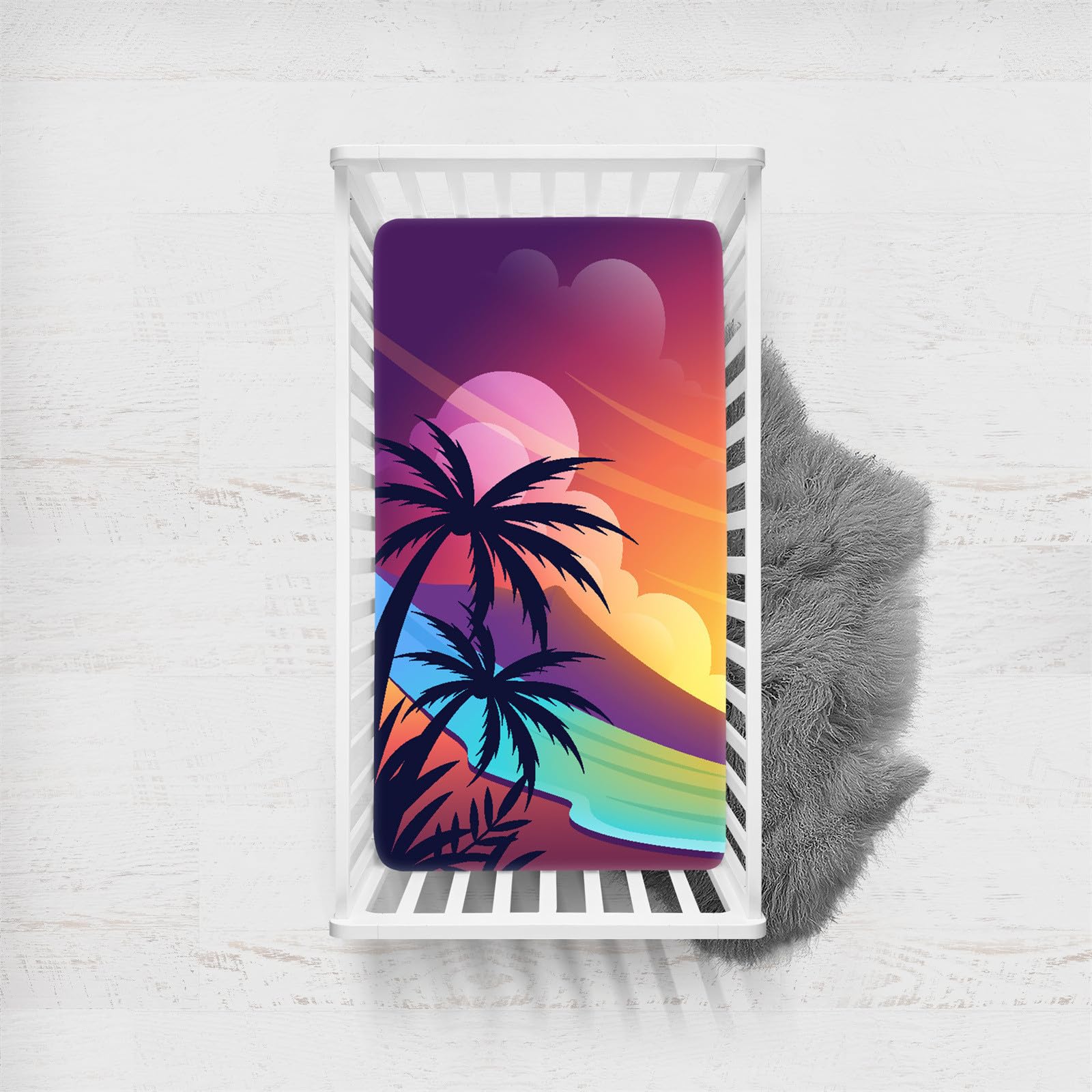 Odot Cot Bed Sheets, Beach Print Bedside Cribs Fitted Sheets, Baby Bed Sheets Microfiber Cot Bed Mattress Protector, Bassinet Sheets, Easy Care Soft and Dureable (Coconut Tree,33x75 cm)