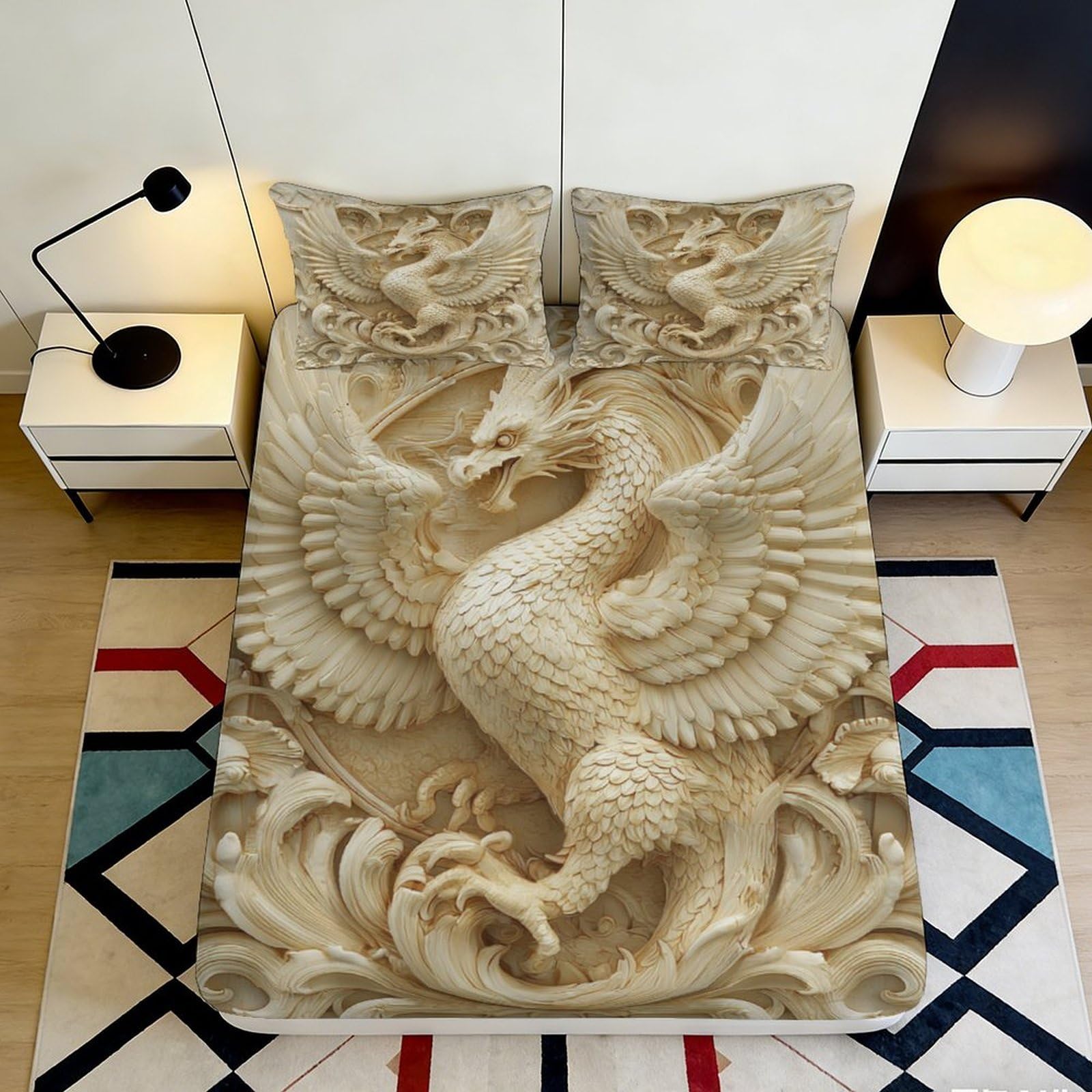 3D Printed Beige Dragon Fitted Sheet Microfiber Non-Slip Phoenix Mattress Cover Machine Washable Decor for Bedroom Dorm 200x200x25cm
