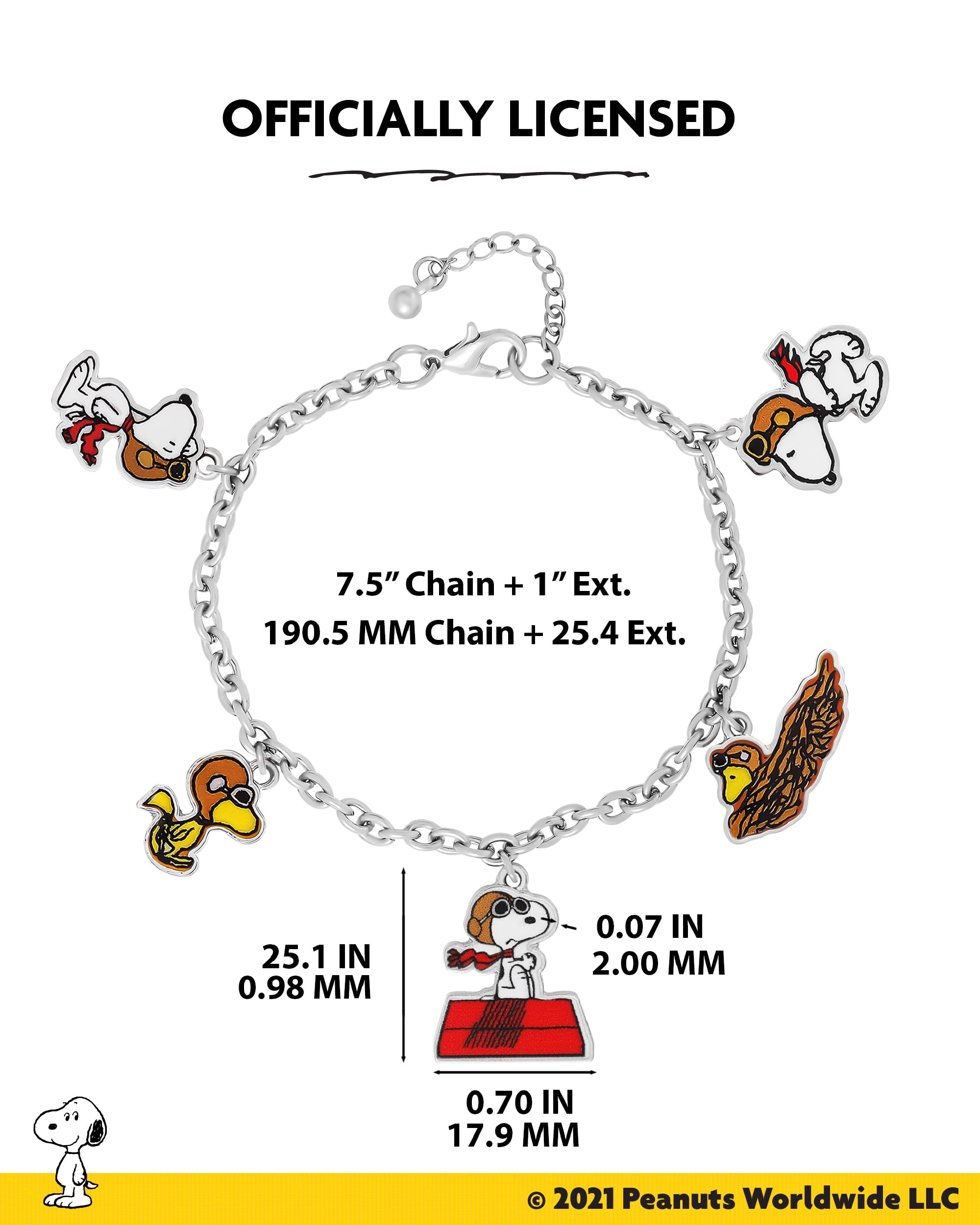 Peanuts Snoopy Charm Bracelet Official License, 7.5"+1" Fashion Bracelet with 5 Flying Ace Snoopy and Woodstock Charms