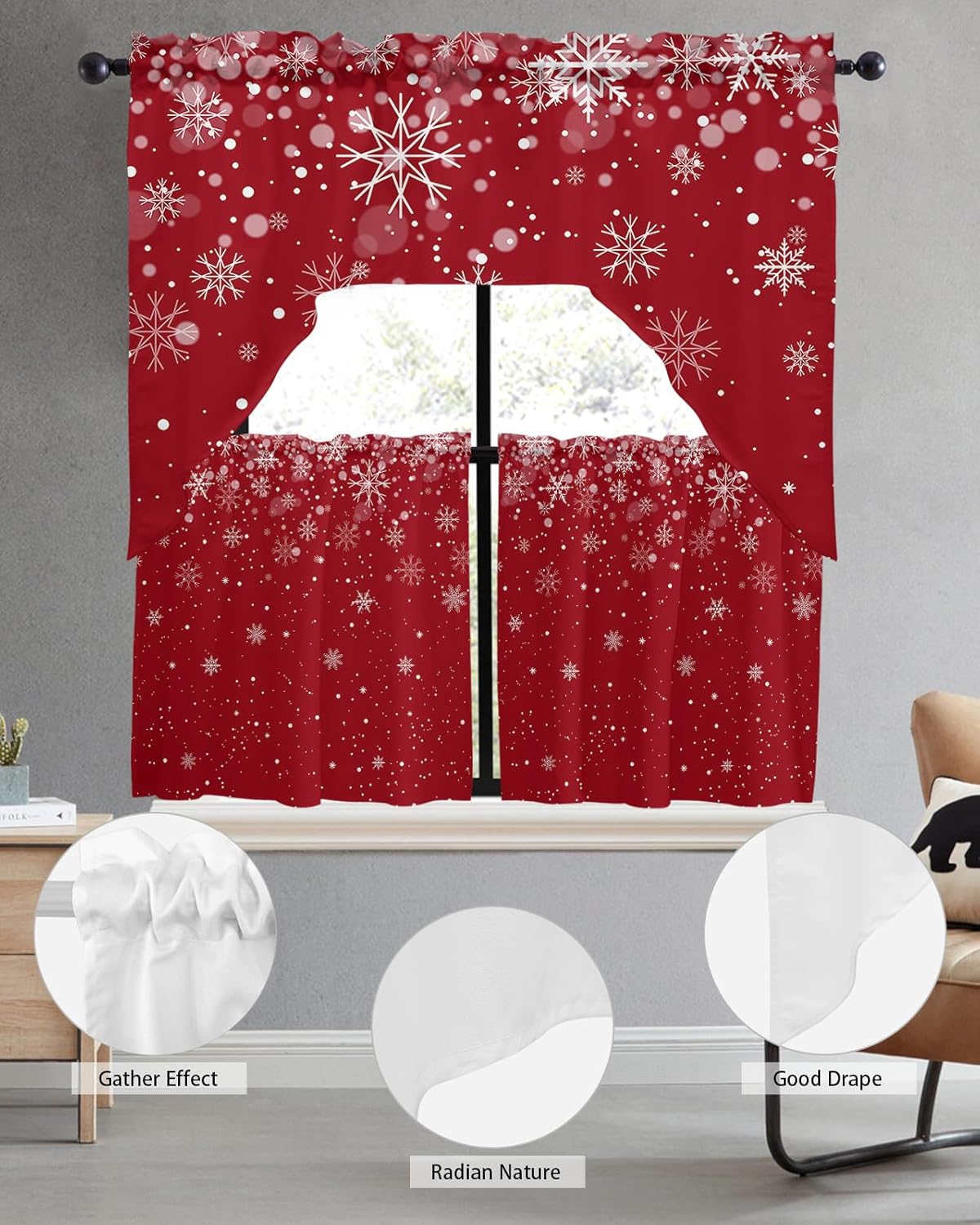 3 Pieces Swag Kitchen Curtains & Valances Set, Christmas Red Snowflake Winter Short Curtain Rod Pocket Window Curtain, Wonderland Window Treatment Tiers Decor (1 Valance 56"x36",2 Tiers 27.5"x24")