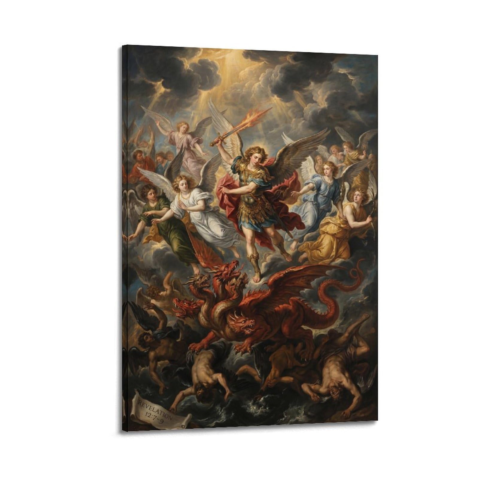 OKNGB Religious Bible Poster St. Michael Archangel Vs Satan Dragon Decorative Painting Canvas Art Picture 20x30inch(50x75cm)