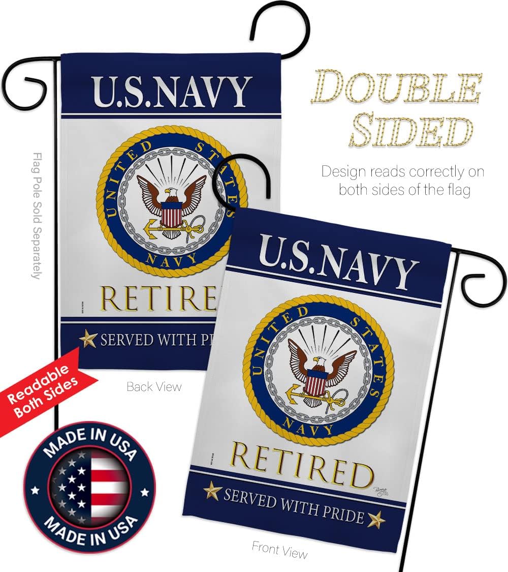 US Navy Retired Garden Flag - Set with Stand Armed Forces USN Seabee United State American Military Veteran Retire Official - House Banner Small Yard Gift Double-Sided Made in USA 13 X 18.5