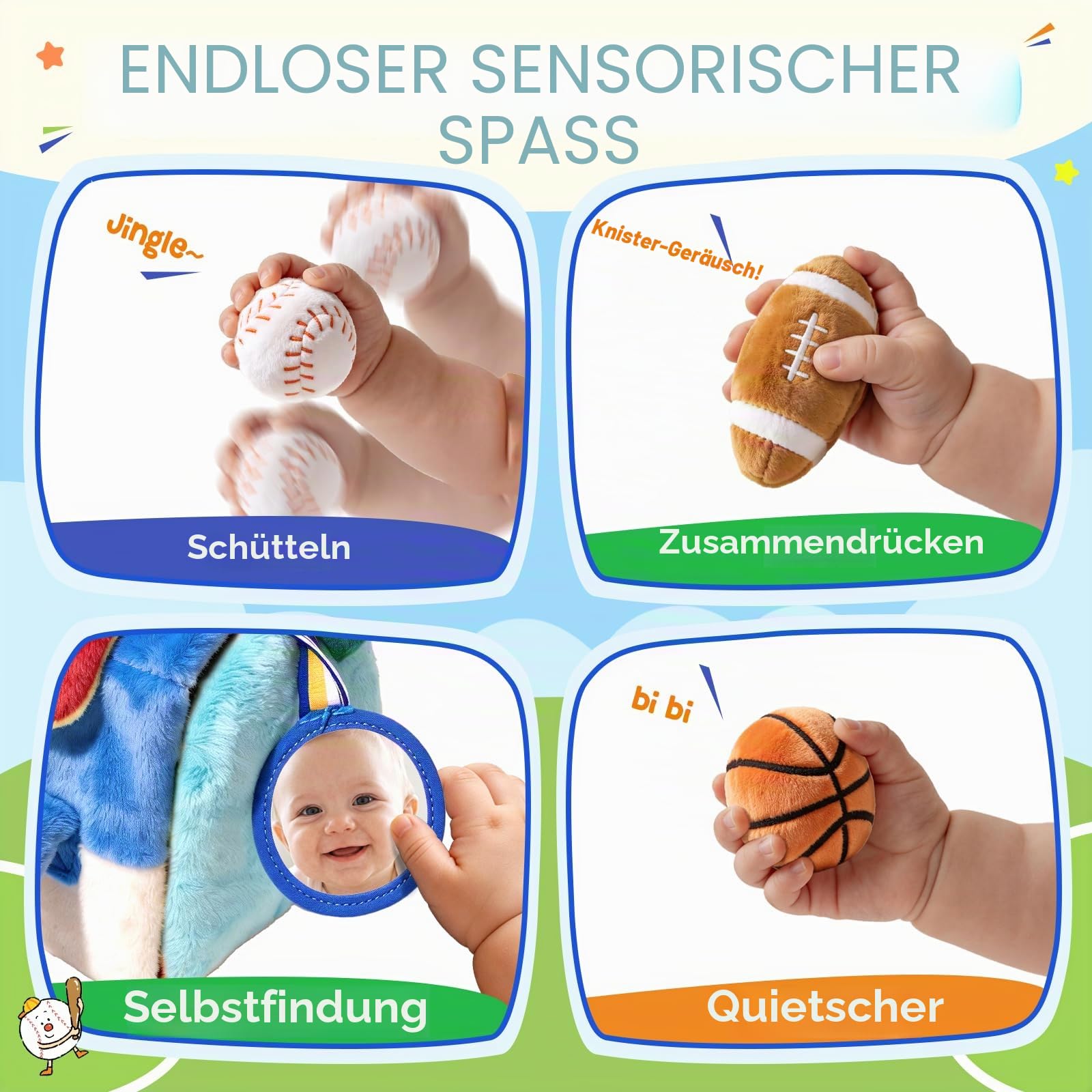 Joycat Baby Spielzeug 0-12 Monate, Mein Erstes Sporttaschen-Spielzeug, 4 Sensorik Bälle mit Multifunktionsspielfeld, Montessori Babyspielzeug 3 6 9 12 Monaten, Tummy Time Baby Geschenke Jungen Mädchen