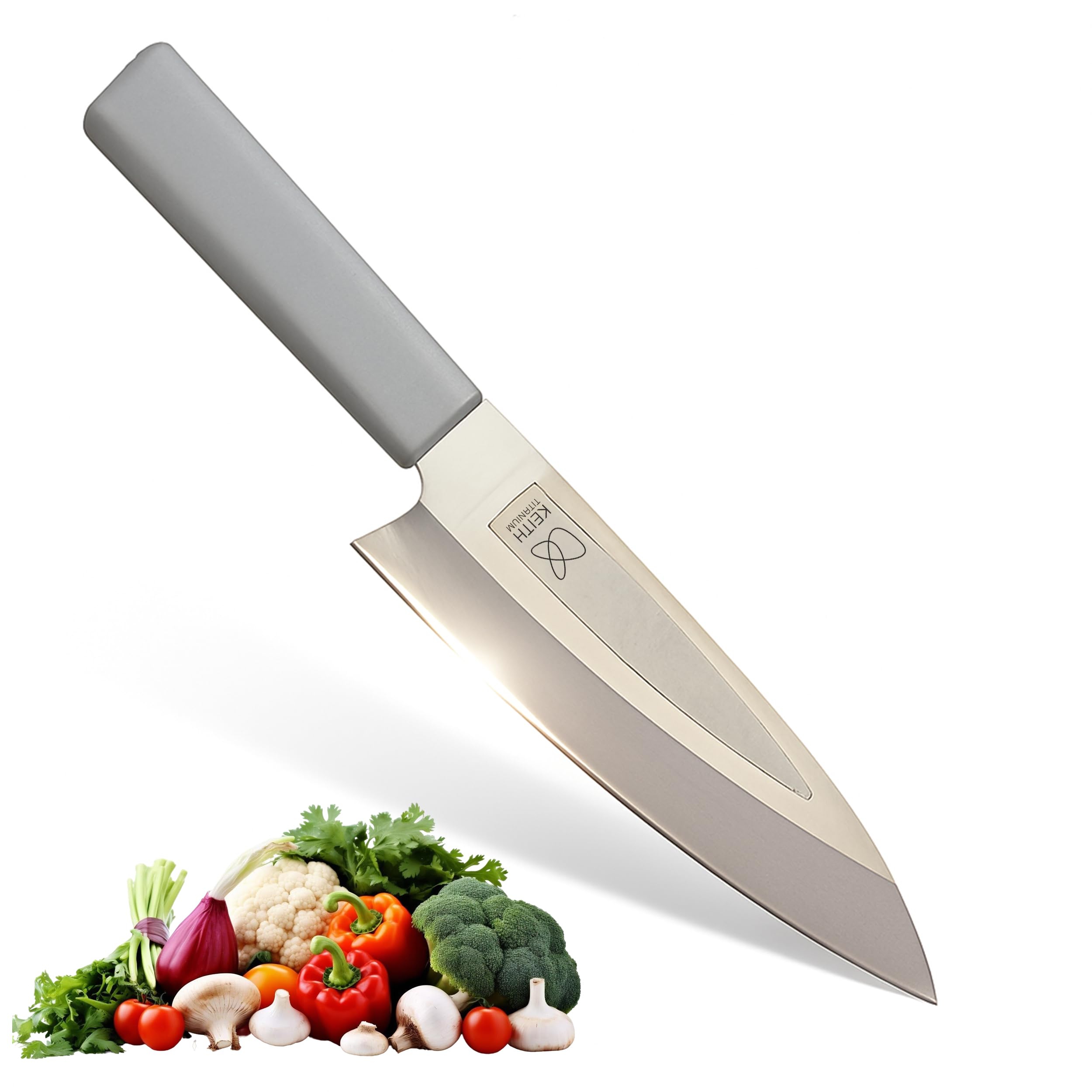 Keith Cuchillo de Cocina de Titanio con Funda, Ti8742 – Cuchillo Multiusos Portátil para Cortes Precisos de Verduras, Frutas y Carne, Resistente, Ideal para Cocina, Senderismo y Camping (28,2x5,1 cm)