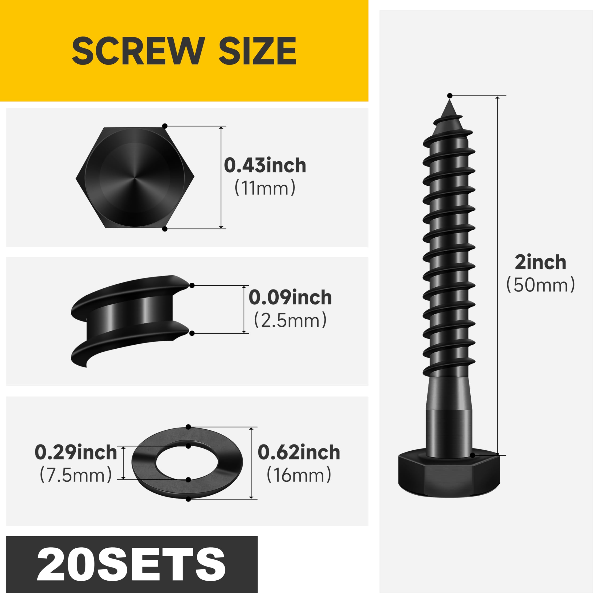 Stainless Steel Lag Screws - 20 Sets, Heavy Duty -2