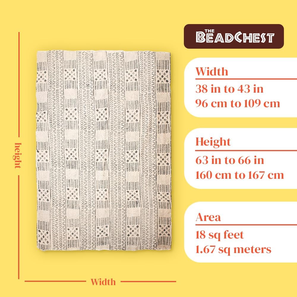 The Bead Chest White Bogolan Mali Mud Cloth - Handmade African Textile from West Africa - 40x64 Inches - Ideal for Home Decor, Boho Throw Blanket, Upholstery, or Crafts