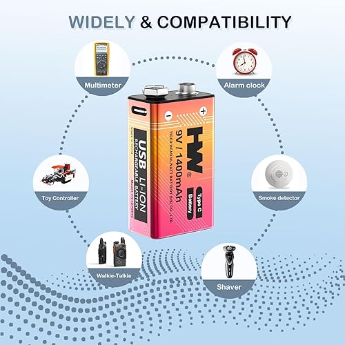 Miniatura 5 de HW Baterías actualizadas de 1400 mAh de 9 V, paquete de 4 baterías de litio recargables USB para detectores de humo, carga rápida USB-C, 1600 ciclos