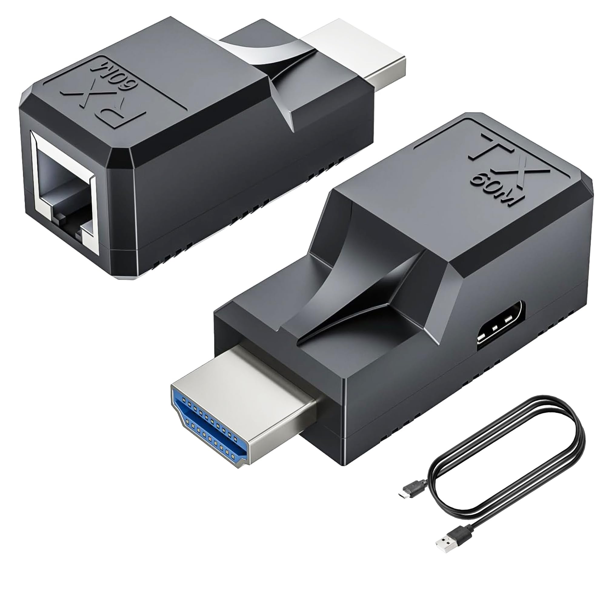 HDMI Extender to RJ45 Over CAT6 Network LAN Ethernet Cable Adapter Signal Repeater 1080P 60M/196ft with Micro Type-C Power Cable Sender+Receiver 2Ports for PC Projector Monitor