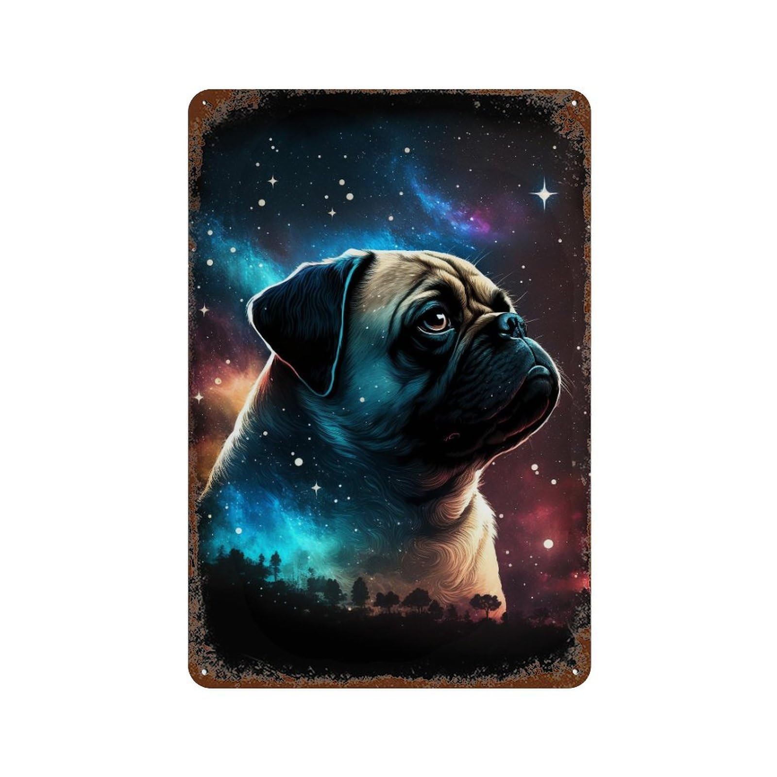 Galactic Pug Portrait -1 11.8"x7.9" Vintage Metal Tin Sign, Shabby Chic Decor for Office, Studio And Wall Decor