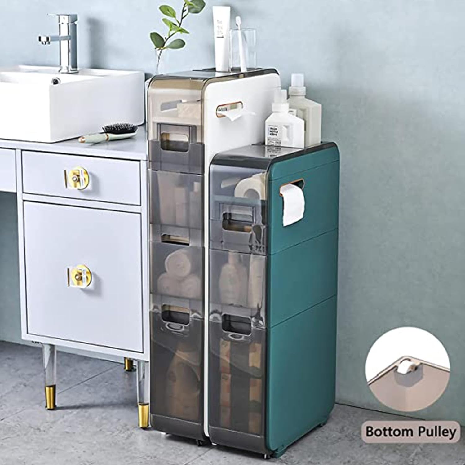 Bathroom Floor Cabinet with Clear Drawers and Casters, Large Capacity Slim Toilet Paper Storage Cabinet Vertical Storage Unit Waterproof Toilet Paper Storage Cabinet for Small Spac