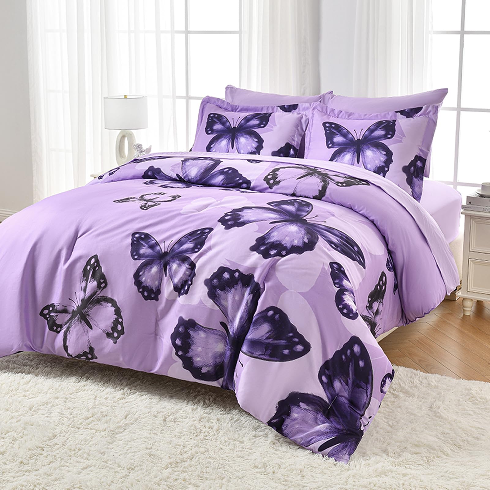 ARTALL Bed in A Bag King Size 7 Pieces, Purple Big Butterfly Bedding Comforter Set All Season Bed Set with 1 Comforter, 2 Pillow Shams, 1 Flat Sheet, 1 Fitted Sheet, 2 Pillowcases