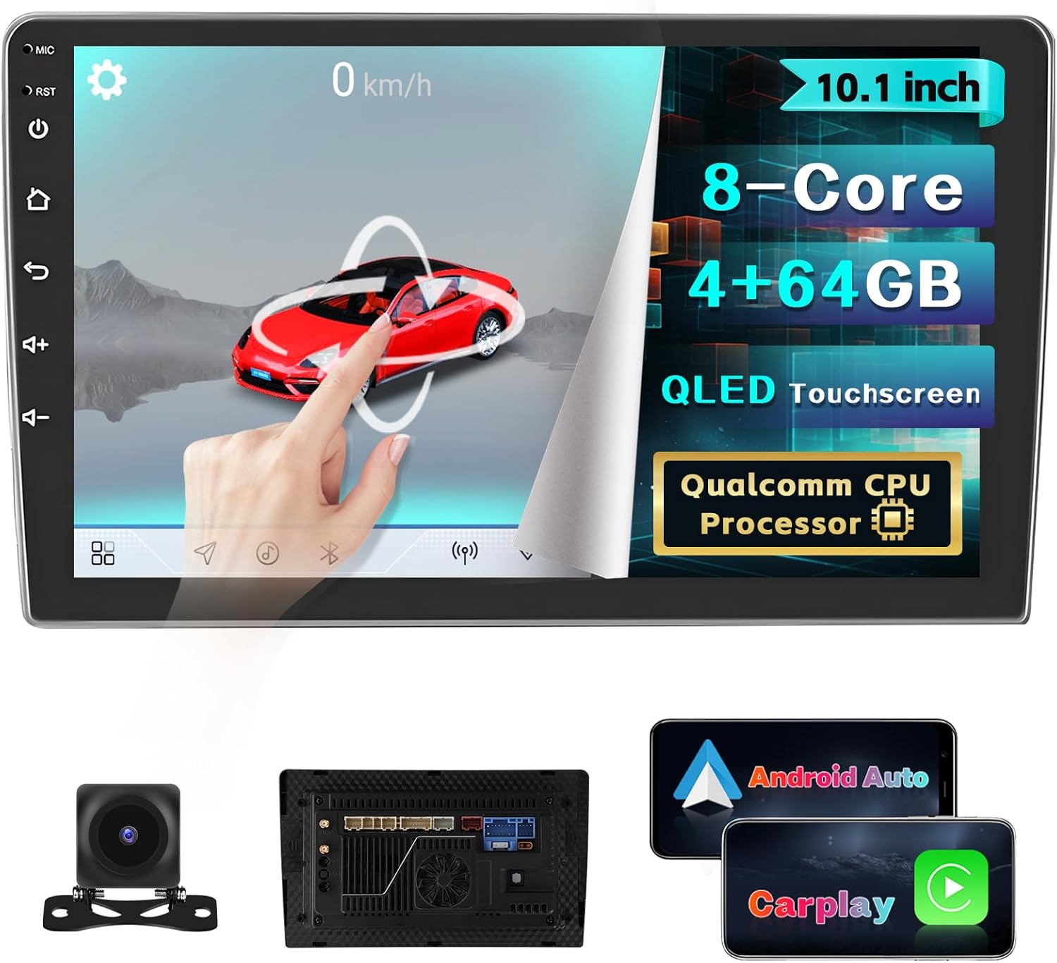 Inefala Double Din Android Car Radio Stereo with 10.1 inch screen, 8-Core processor, 4+64GB memory, QLED Touchscreen, and Qualcomm CPU Processor.