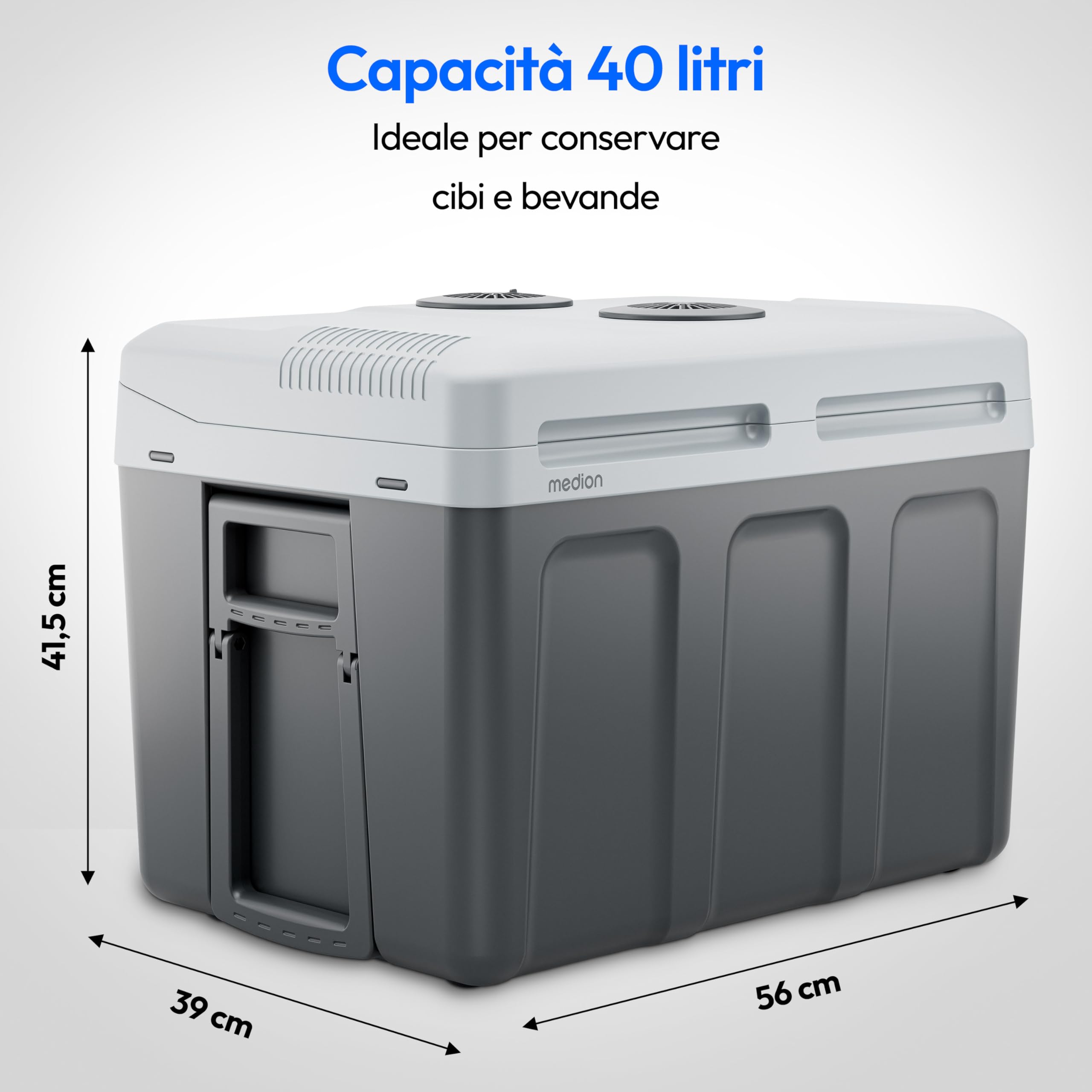 MEDION Frigorifero portatile con funzione riscaldamento (elettrico, 2 in 1 raffreddamento e riscaldamento, 40 litri, connessione 3 in 1 5V USB, adattatore per auto 230V e 12V, per auto, camion