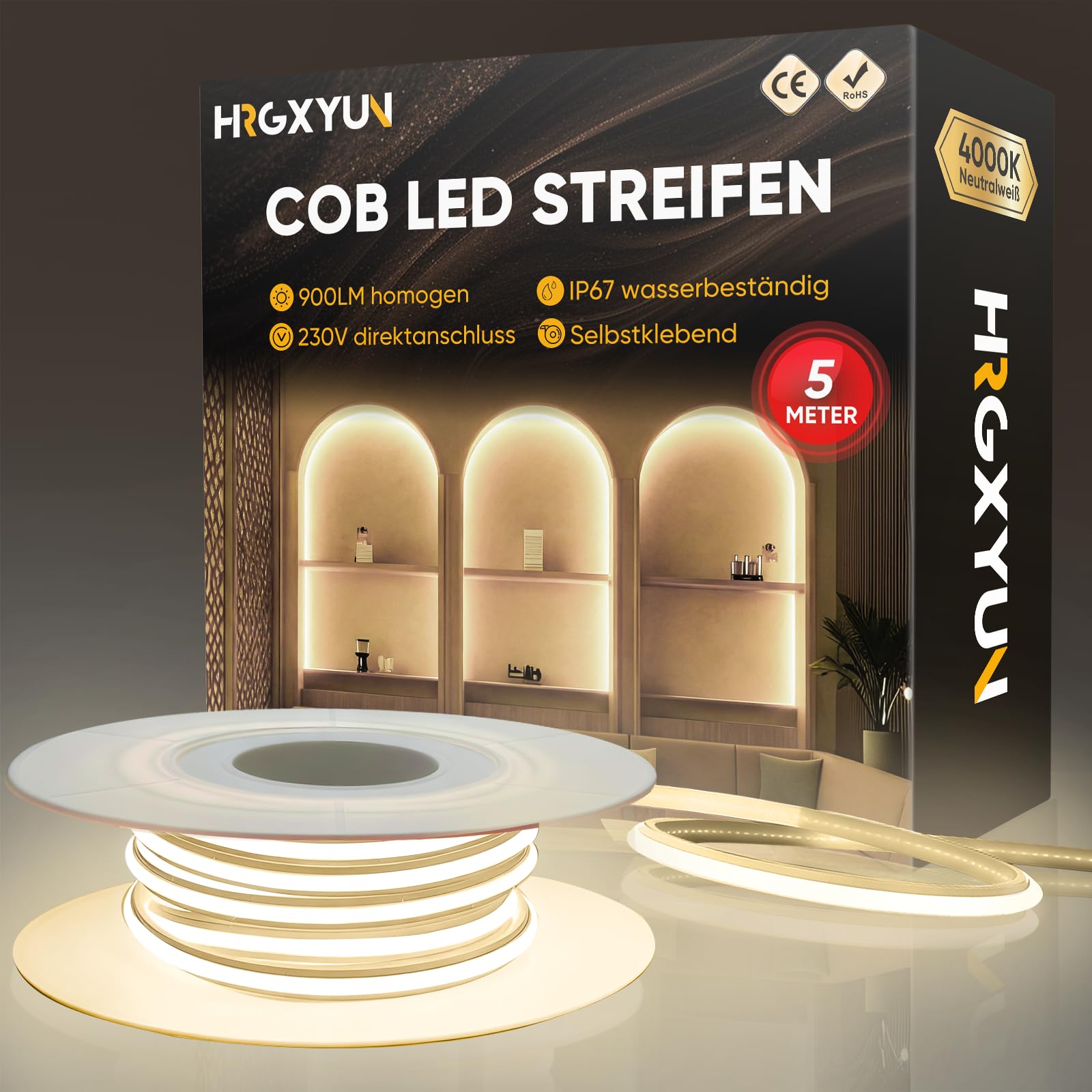 230V COB LED Streifen Aussen, 240 LEDs IP67 Wasserdicht Selbstklebend, Bande LED 900LM Ohne Trafo Flexible Kürzbar für Zimmer und Außen Dekoration Beleuchtung, 4000K Neutralweiß, 5m