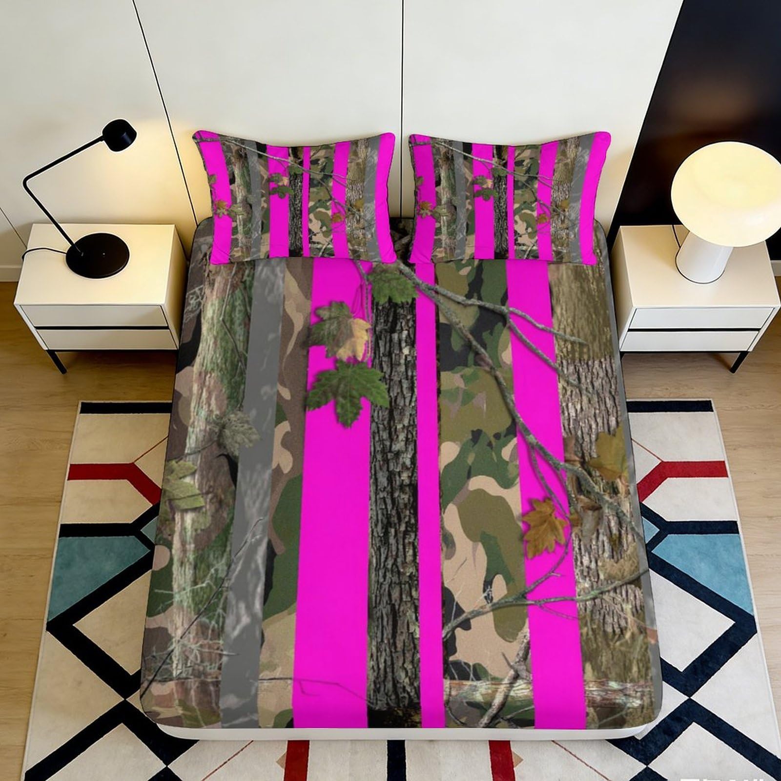 3D Printed Camouflage Pink Stripe Fitted Sheet Microfiber Soft Bed Sheet for Bedroom Dorm Decor Mattress Protection 90x200x25cm