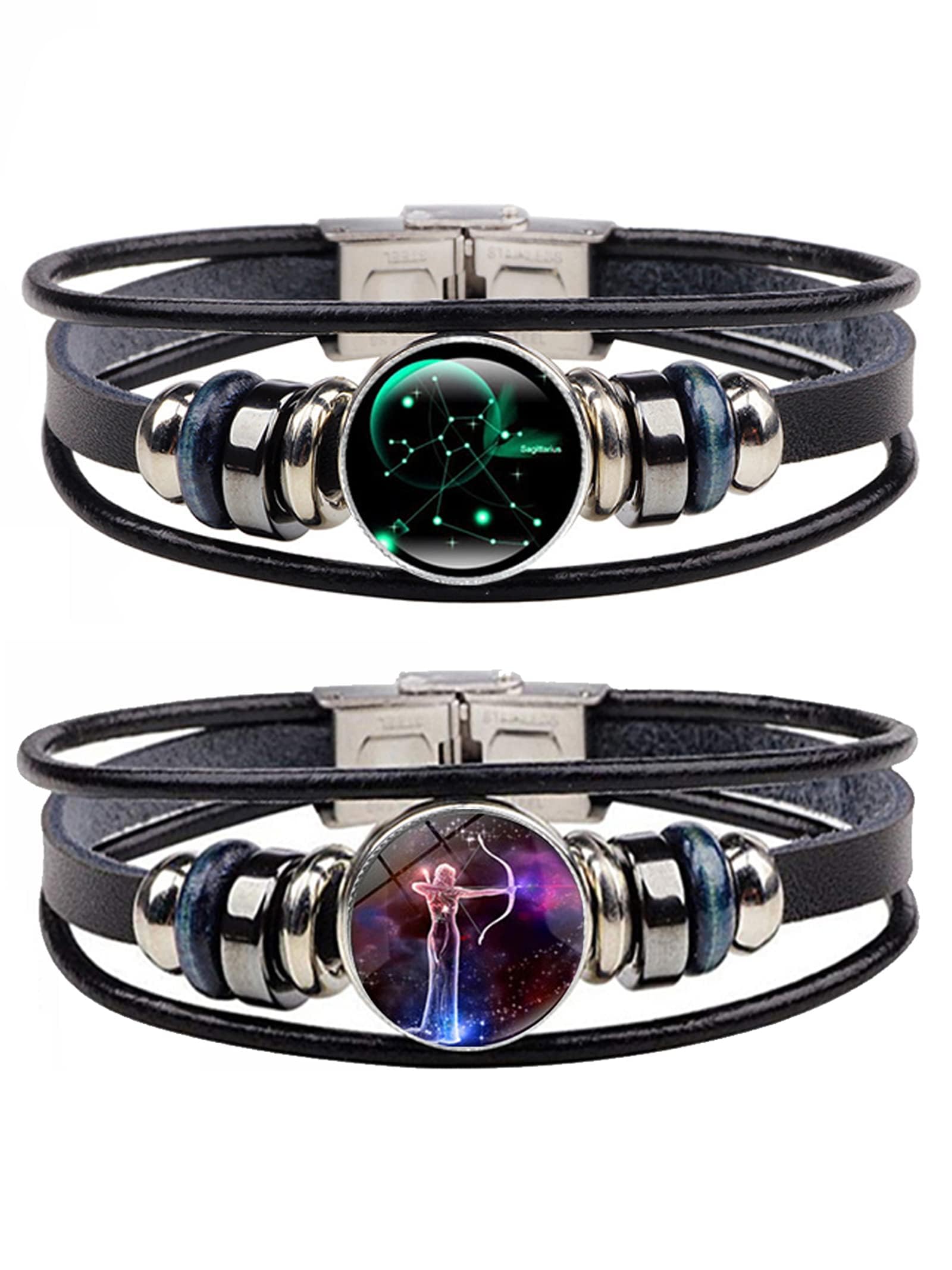 Dcfywl7312Pcs Zodiac Bracelets for Women Men 12 Constellation Leather Beaded Bracelets Adjustable Punk Cuff Bangles Men Gifts for Christmas, Metal, other