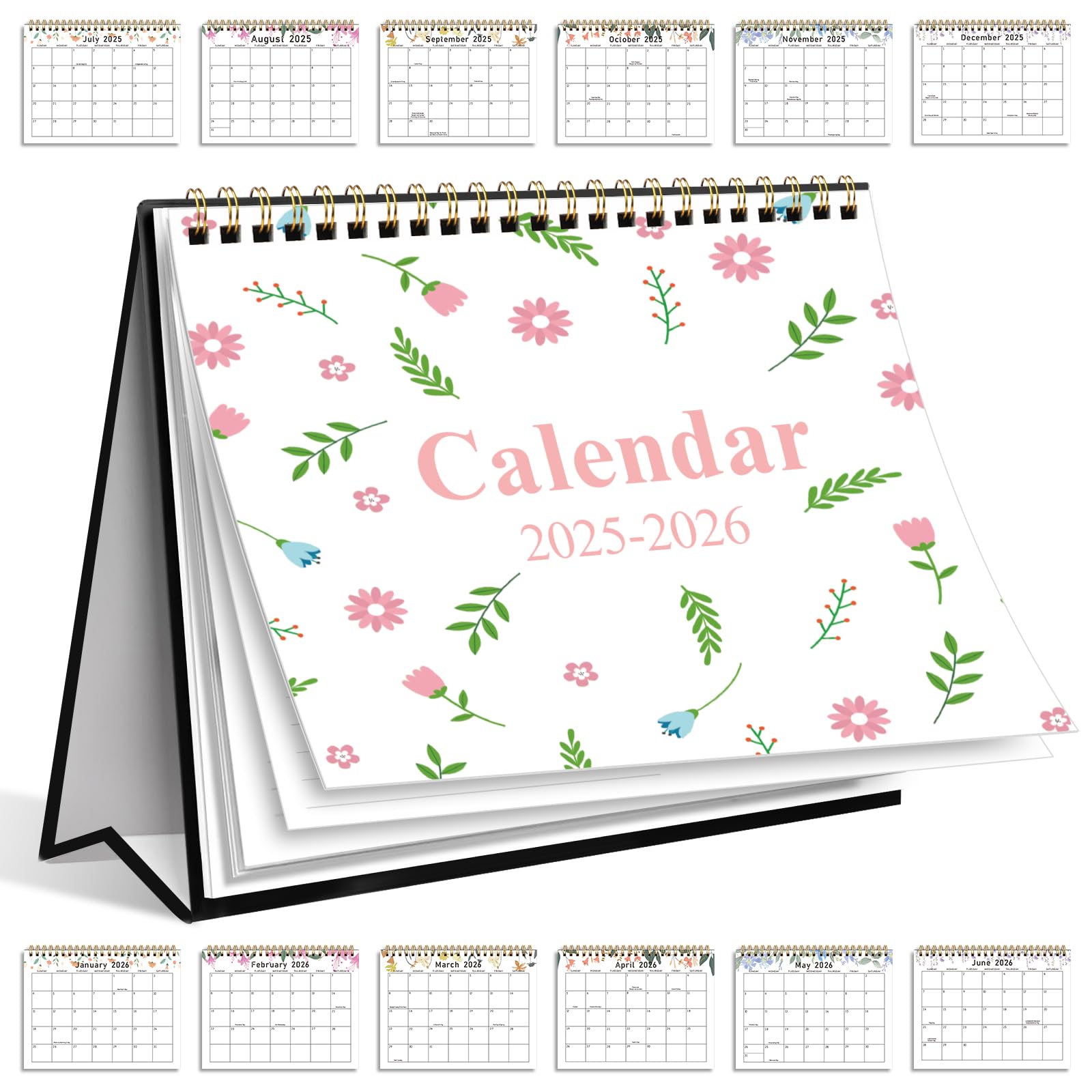 Gannyfer Desk Calendar 2025-2026, July 2025 - Dec 2026, 18 Monthly Small Standing Flip Desktop Calendar with Thick Paper, for Office, School and Home, 6" x 8" - Pink Flowers (3 Stickers)