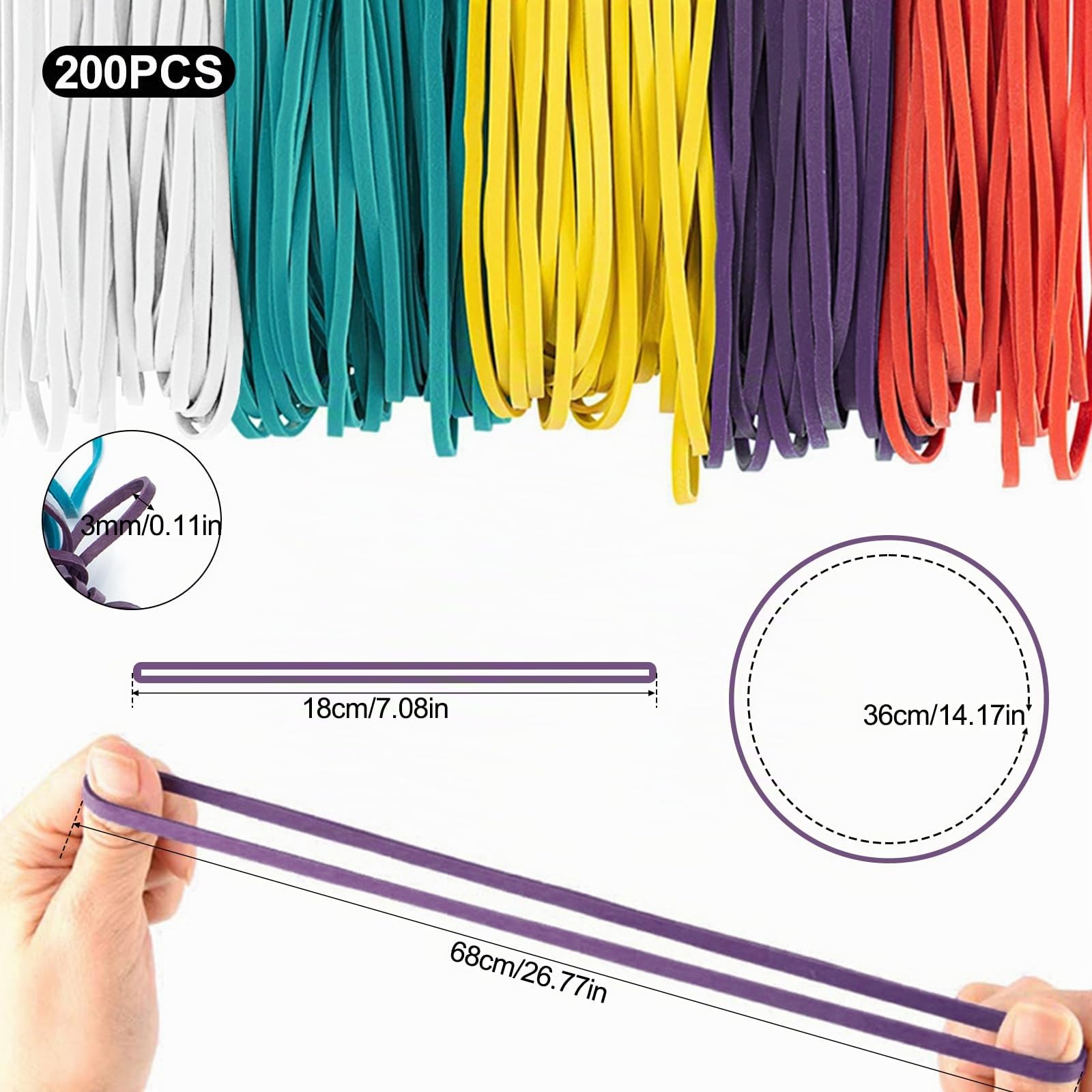 200 Pezzi Grandi Elastici Ufficio 180X3 mm Colorati Elastico Gomma | Grande Diametro Elastici Gomma Rosso Bianco Blu Giallo Viola per Scuola Ufficio e Domestica Organizzazione dei File