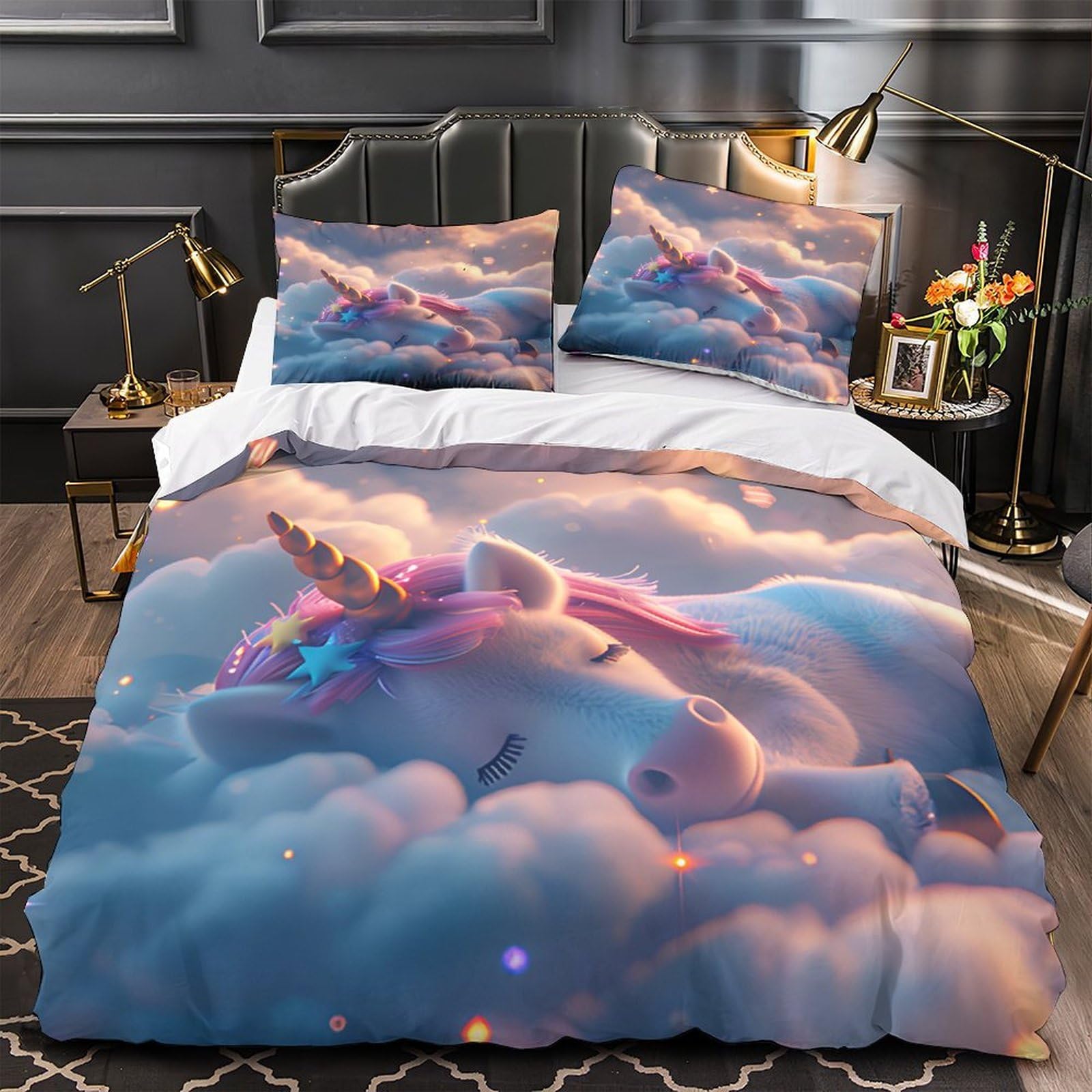 Parure de lit hypoallergique licorne pour fille 135x200