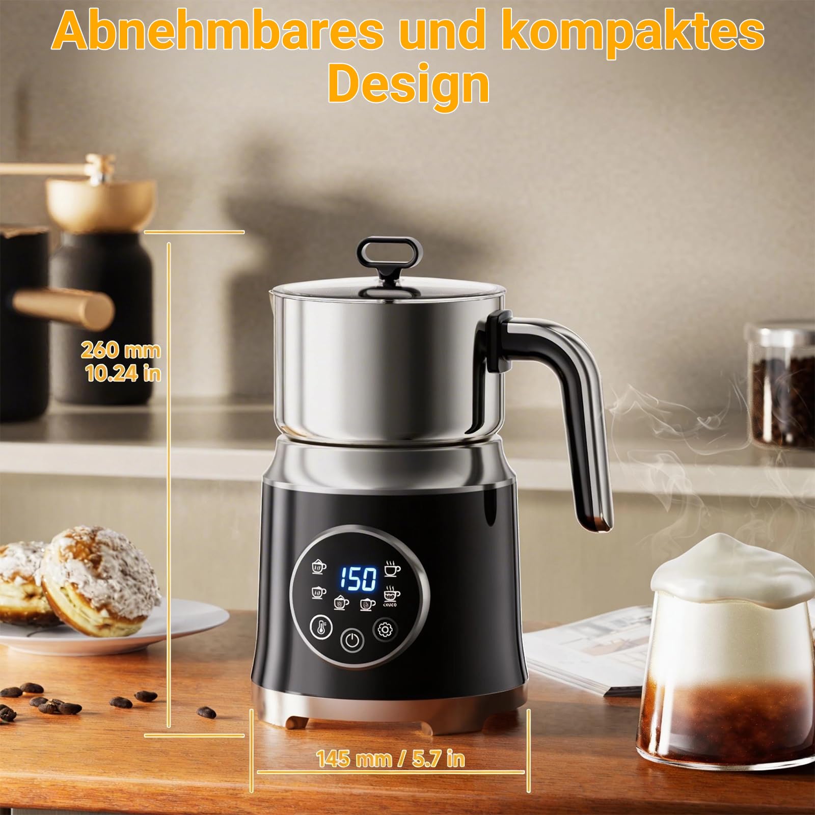 Milchaufschäumer Elektrisch 6-in-1-800ml Automatischer Milchschäumer für Heiße & Kalte Schäume, Spülmaschinengeeignet, Abnehmbares, Leise, für Hafermilch, Sojamilch, Latte, Cappuccino, Schwarz