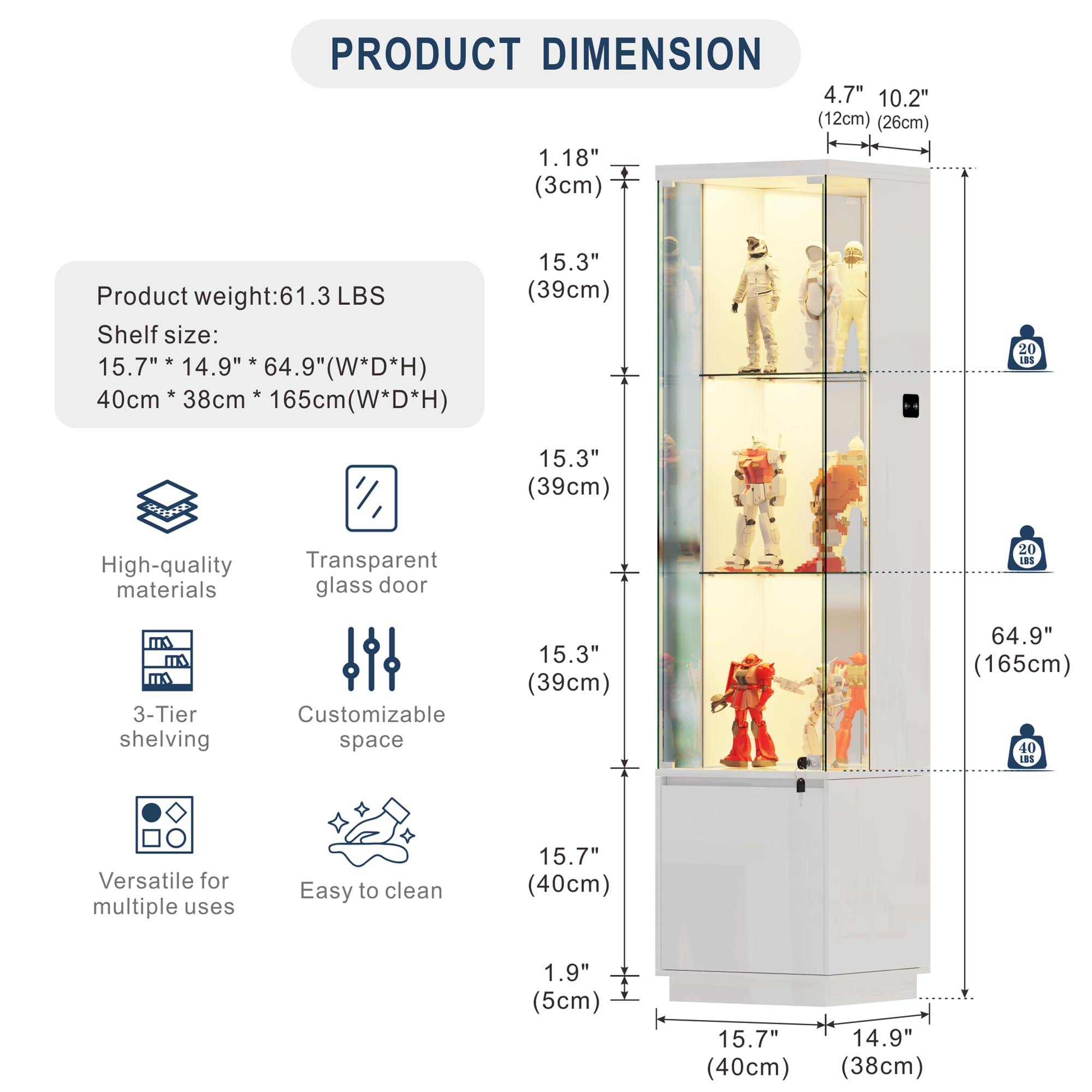 Gurexl Vitrine mit LED-Beleuchtung und Cabinet,Glasvitrine mit Körpersensor-System und Abschließbare Glastüren,Hochglanzfront Eckvitrine W400xD380xH1650mm,für Wohnzimmer, Büro, Bücher,Weiß