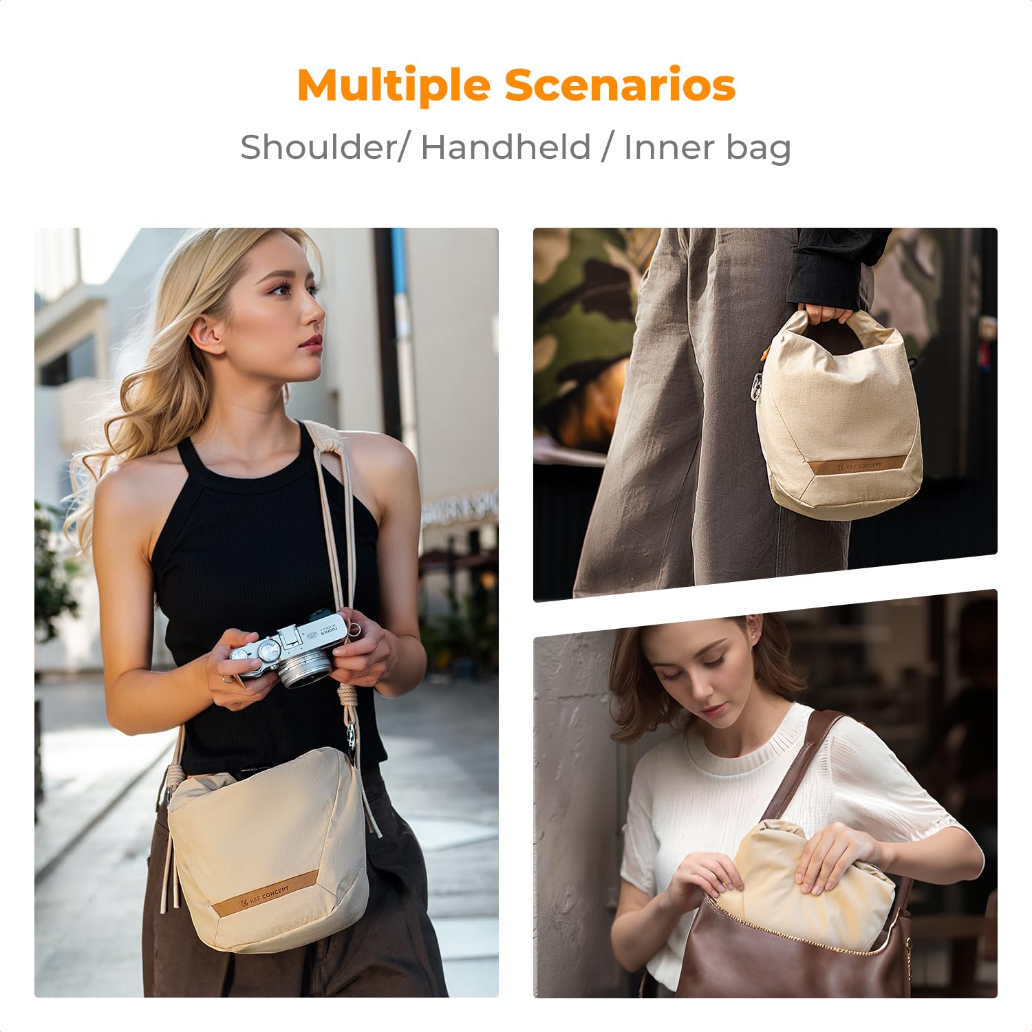 K&F CONCEPT Sac Appareil Photo, Porté à la Main Sac léger à la Mode Compatible avec Les Petits appareils Photo Reflex Compacts pour Femmes-Beige
