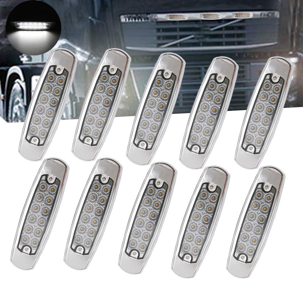 10 x 6,3 cala 12 V LED boczny obrysowy światło 12 diod LED do przyczepy, uszczelnione bursztynowe prostokątne 12-LED znacznik i światła prześwitujące z chromowaną ramą (białe)