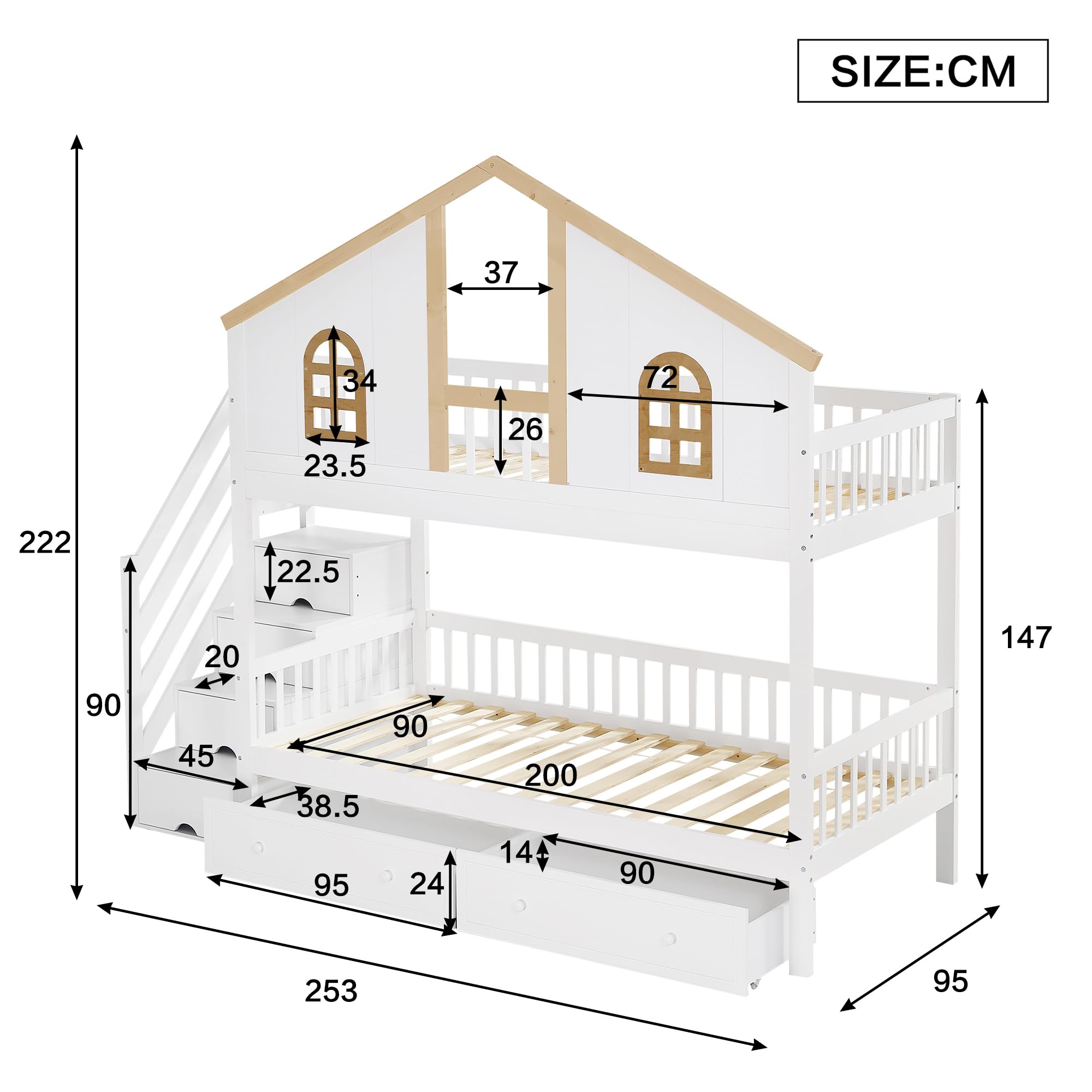 Wiuzo Lettino a castello, con rete anticaduta a contrasto con finestra, due cassetti con ruote, con scala inclinata a quattro livelli e cassetti, in pino+MDF, bianco e naturale, 90 x 200 cm