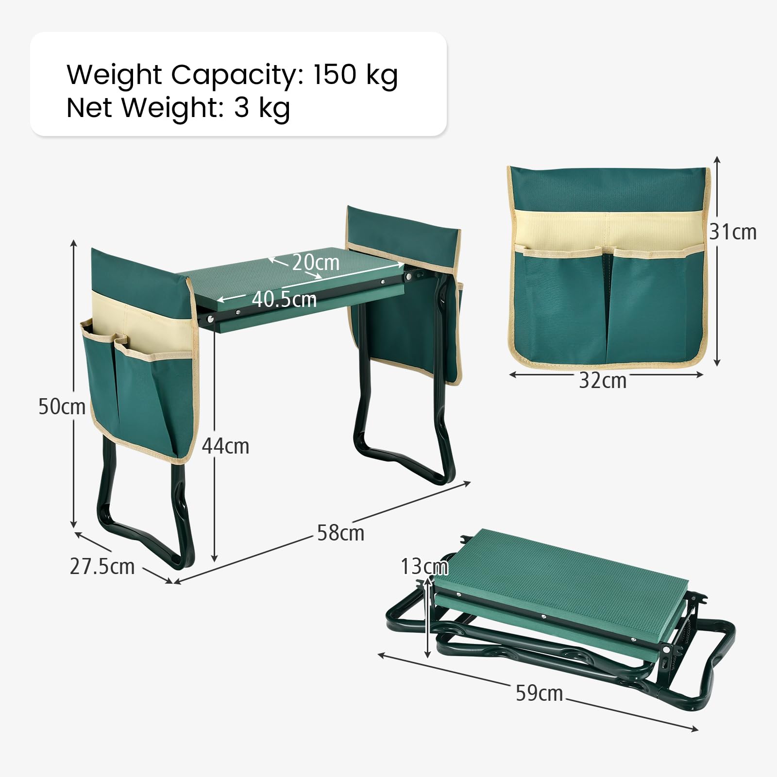 KOMFOTTEU 2 en 1 Banco de Rodilla Plegable, Taburete Arrodillado para Jardinería con Cojín Grueso, Taburete de Trabajo para Arrodillarse y Sentarse, Carga 150 kg (con 2 Bolsa de Herramientas)