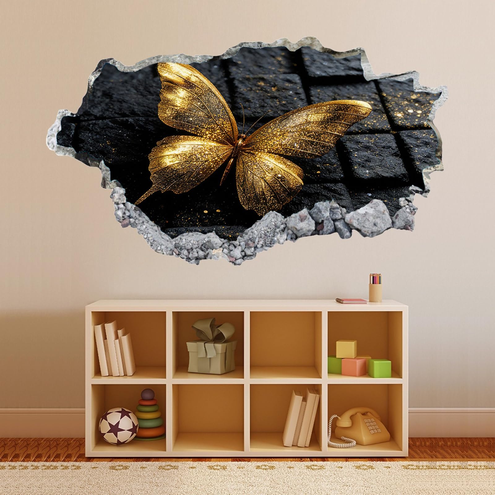 Calcomanía de pared 3D Mariposa Dorada Vinilos Decorativos Impermeable Tatuaje de pared para dormitorio de niños, sala de estar, decoración del hogar 70x122cm