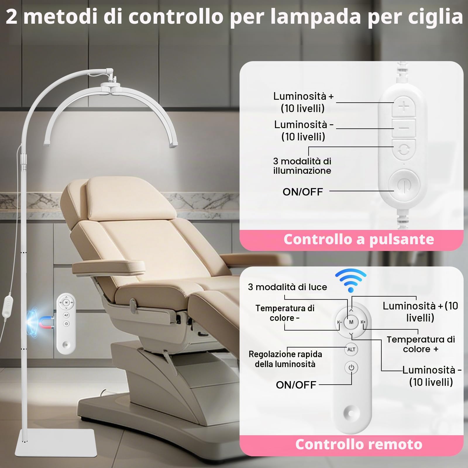 CGBE Lampada per Extension Ciglia Professionale Dimmerabile LED Mezza Luna | Lampada Lashmaker con Porta Cellulare - Testa Rotabile a 360° - Altezza Regolabili Lampada da Terra per Estetista - Bianco