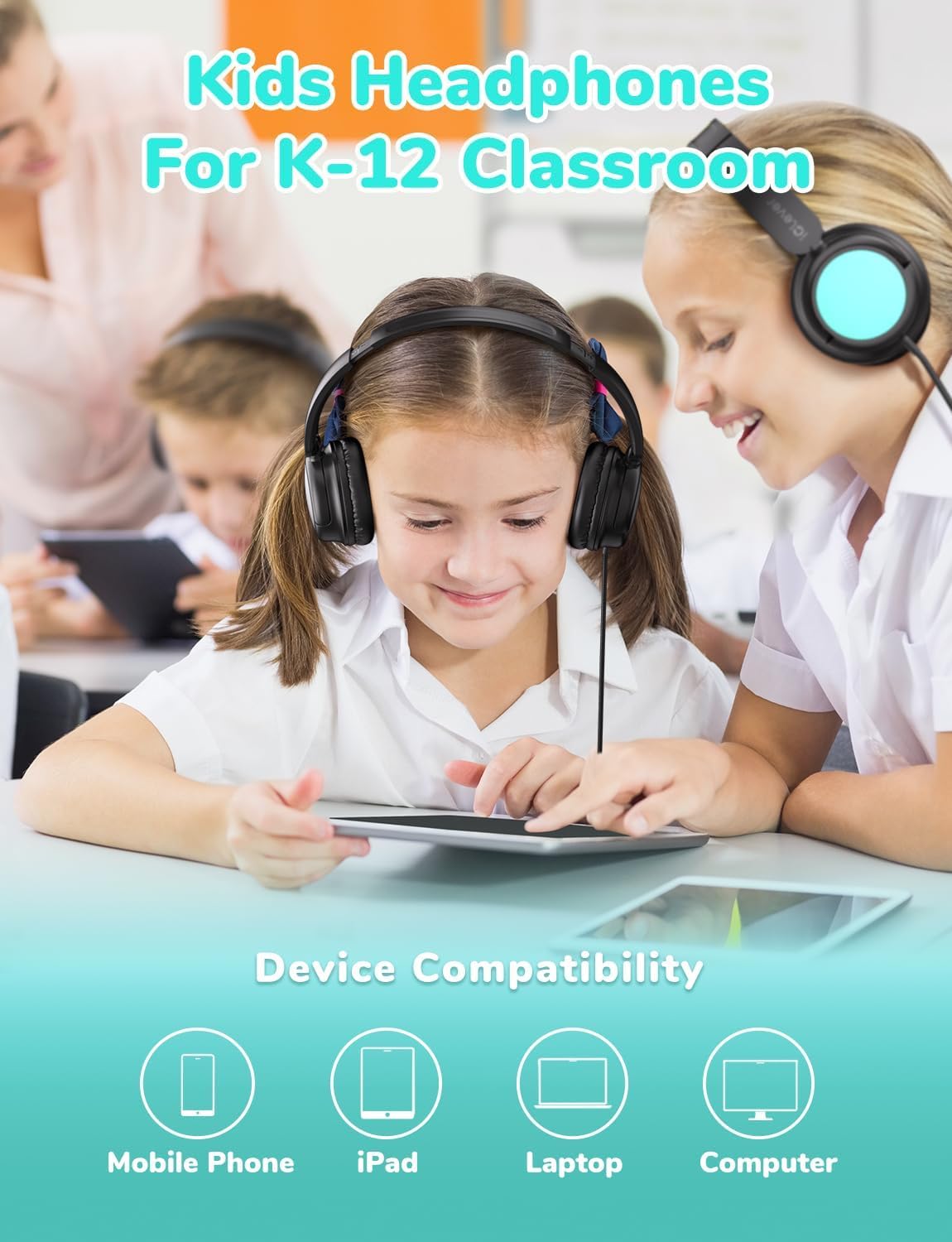 iClever Cuffie per bambini con cavo, confezione da 5, cuffie per bambini per la scuola | SafeSound Tech, suono stereo, pieghevoli, anti-groviglio, comode cuffie over-ear per bambini, robuste cuffie con cavo