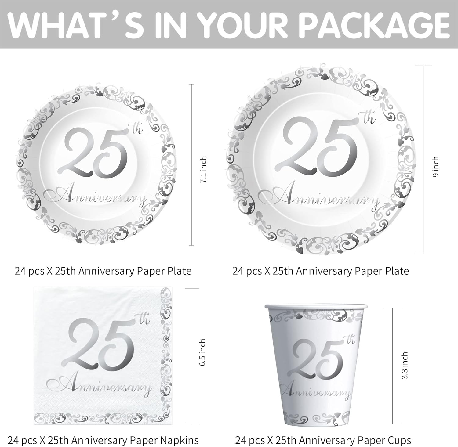 APOWBLS 25th Anniversary Decorations Tableware - Silver 25th Wedding Anniversary Party Supplies, Paper Plate, Cup, Napkin, Tablecloth, Cutlery, Straw, Serves 24