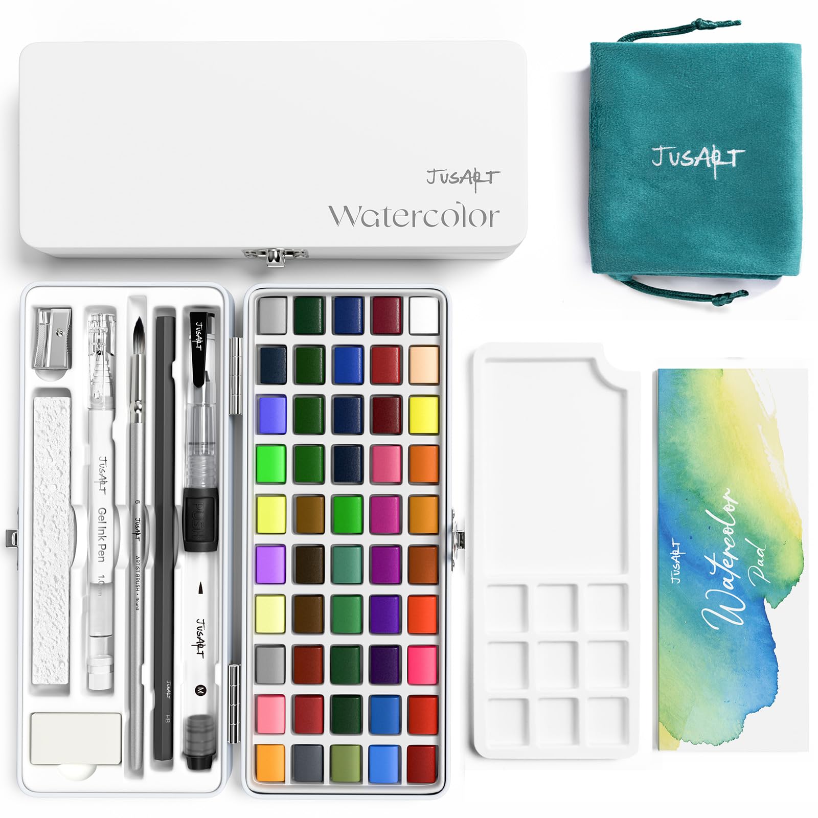 JusArt Juego de pintura de acuarela de 50 colores, suministros de arte con color metálico, pinceles de pintura de detalle, bolígrafos de pincel de agua, kit de pintura de viaje de acuarela portátil