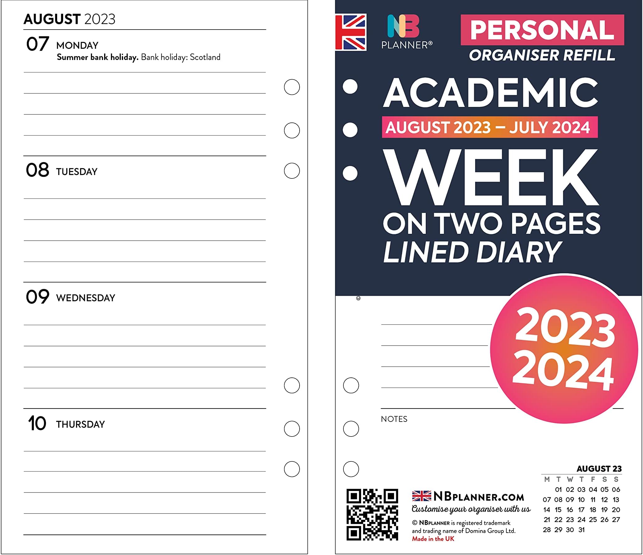 Academic 2023-2024 Personal size Week on two pages lined organiser refill insert English | Monday start | 6 hole punched | UK holidays (Mid-year: Aug 23 – Jul 24)