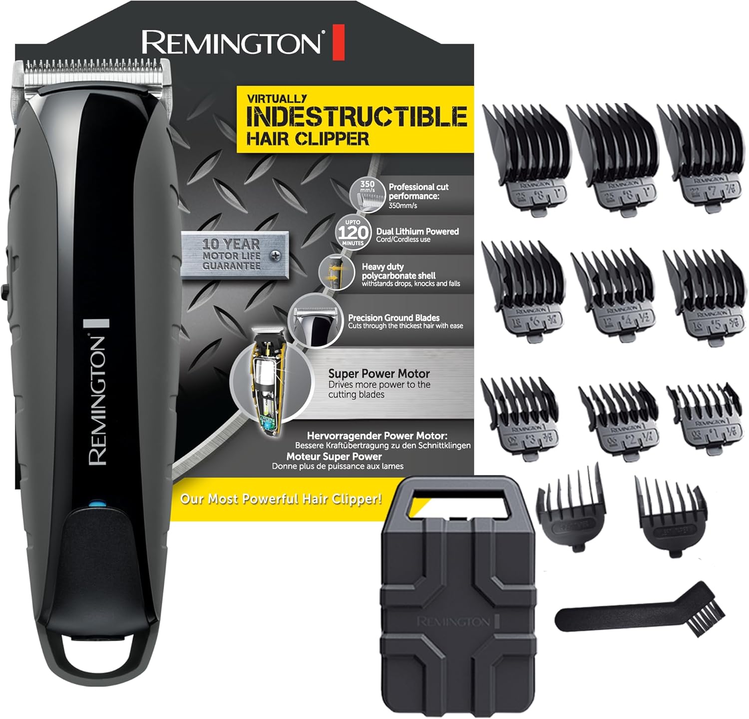 Remington Tondeuse Virtually Indestructible (Krachtige Tondeuse, Snoer/ Snoerloos, 120 Minuten, 4 uur Oplaadtijd, 11 Opzetkammen (1.5 – 25 mm), Waterdicht, Incl. Opbergkoffer) HC5880