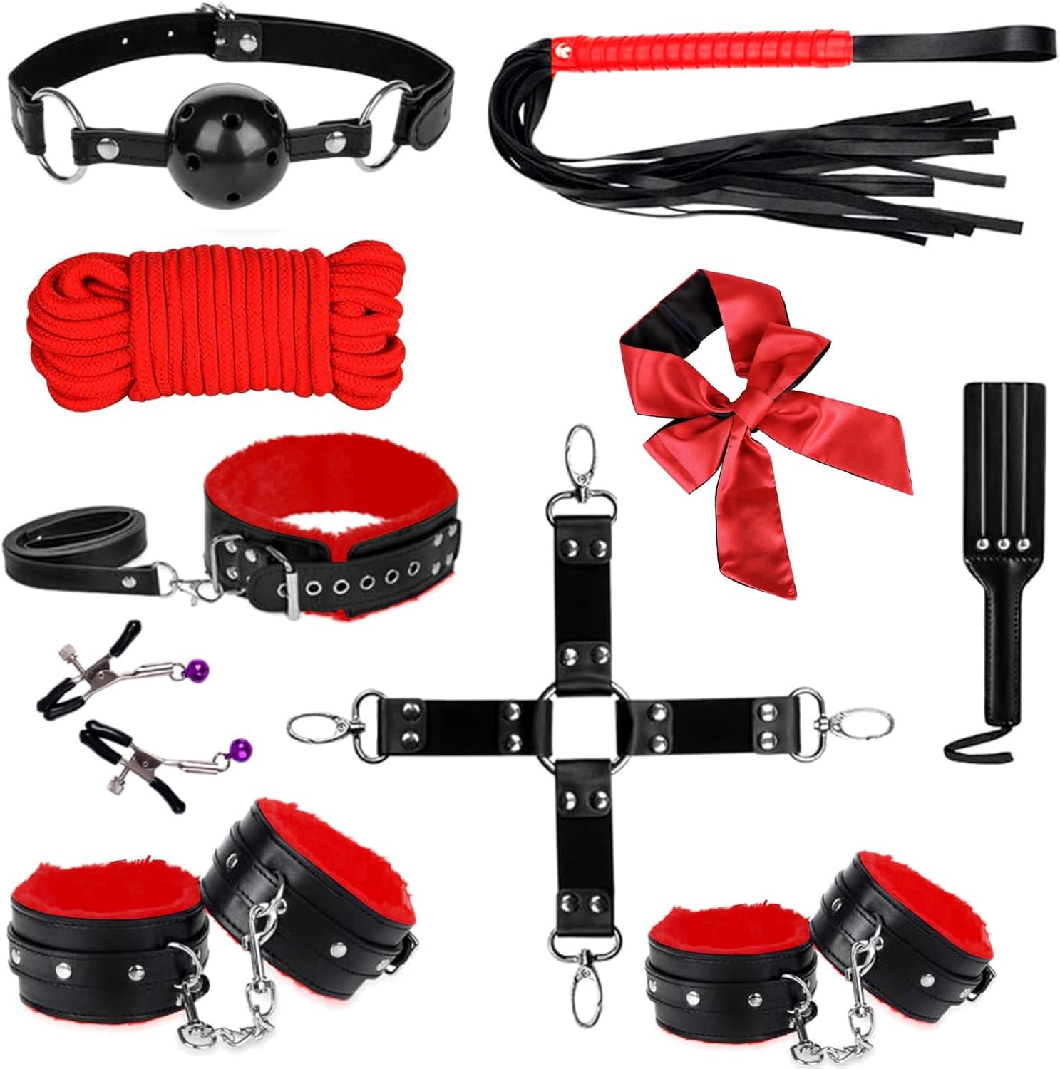 Sex Bondage BDSM Restraints Sex Toys 10 Pcs Set, SM Sex Toy Adult Toys Games Cuffs Gag Blindfold Spanking Paddle Safe Fetish Bed BDSM Kit Cuffs Nipple Clamps Ball Gag Rope Cosplay for Women Couples (Black&Red) - Black&Red