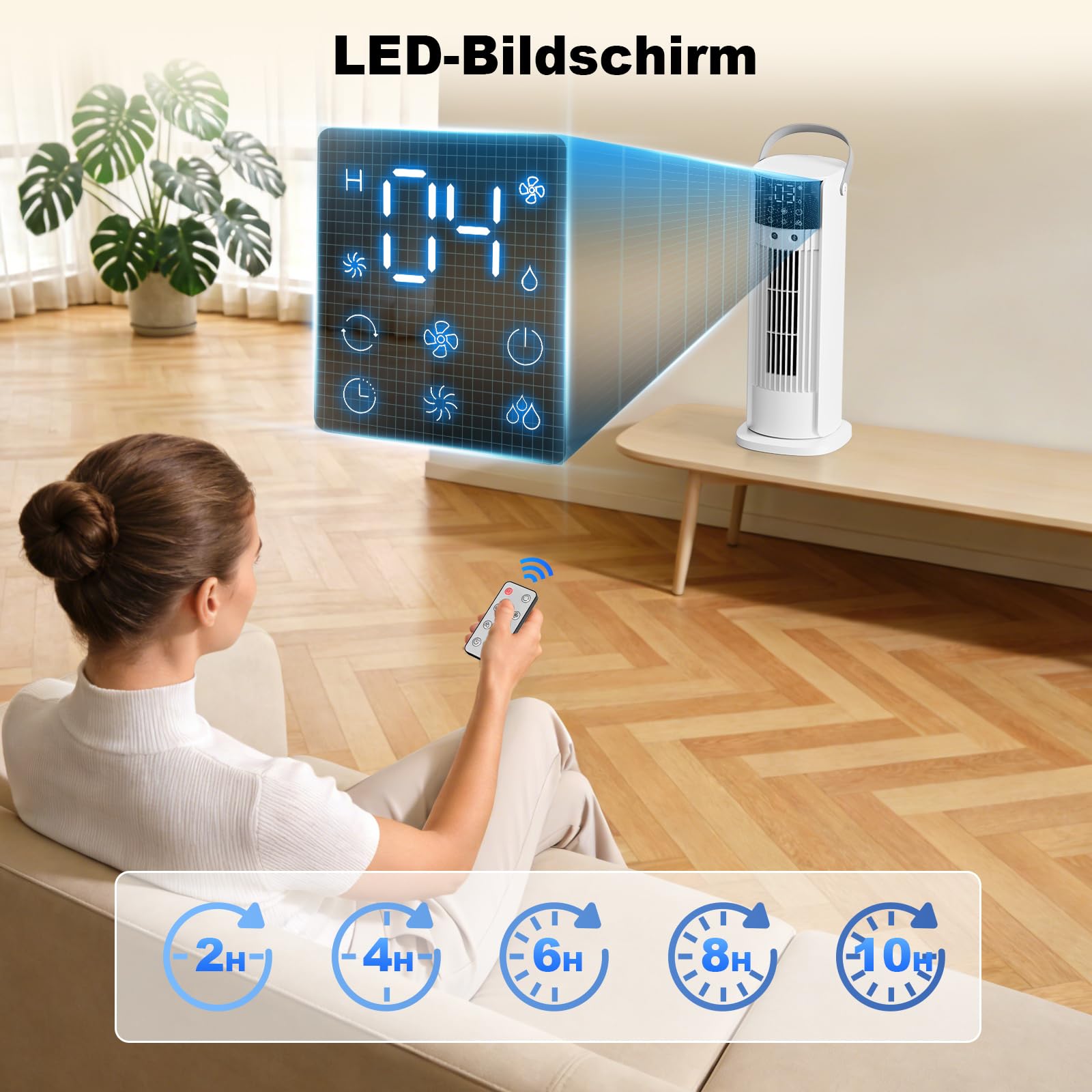 Mobile Klimaanlage 4-in-1 Luftkühler mit Wasserkühlung, 900ml Tank, 3 Gebläsestufen, 90° Oszillation, LED-Display, Leise