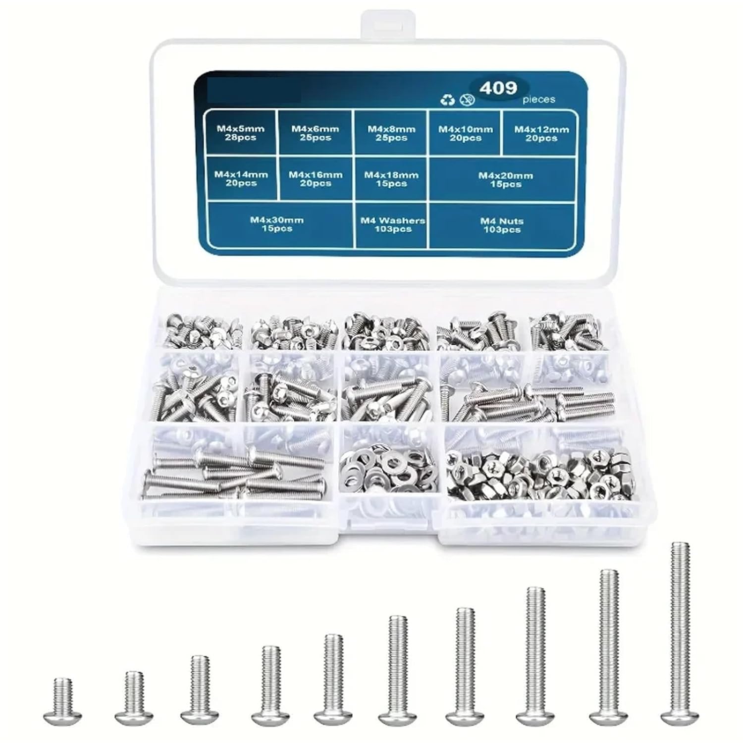 Nut & Bolt Sets 409pcs M4 Stainless Steel Hex Button Head Screws, Nuts & Washers Assortment Set