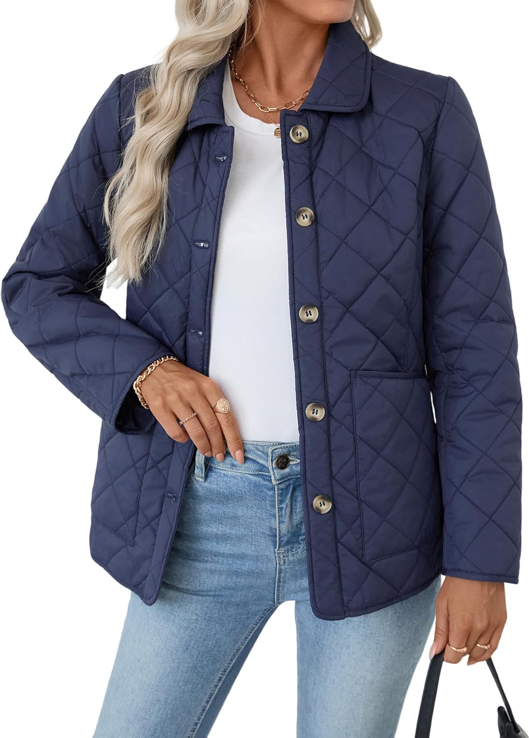 Merryfun Quilted Jackets for Women Lightweight Casual Button Up Diamond Puffer Jacket Warm Winter Coat with Pockets