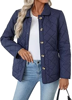 Quilted Jackets for Women Lightweight Casual Button Up Diamond Puffer Jacket Warm Winter Coat with Pockets