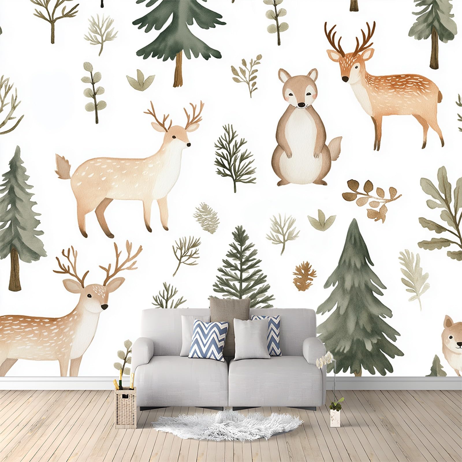 Tapety 350 x 256 cm Nowoczesna Akwarela Tapety Zwierzęta i drzewa Włóknina Dekoracja ścienna Wystrój domu Malarstwo Ścienne Biały Zielony Do Salonu Sypialnia Dekoracje Ścienne