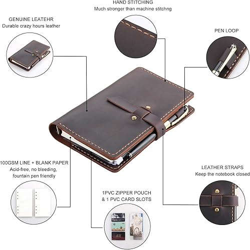 Miniatura 3 de Cuaderno de escritura de diario de cuero genuino, carpeta de anillos A6, bloc de notas recargable, organizador de viaje hecho a mano vintage para