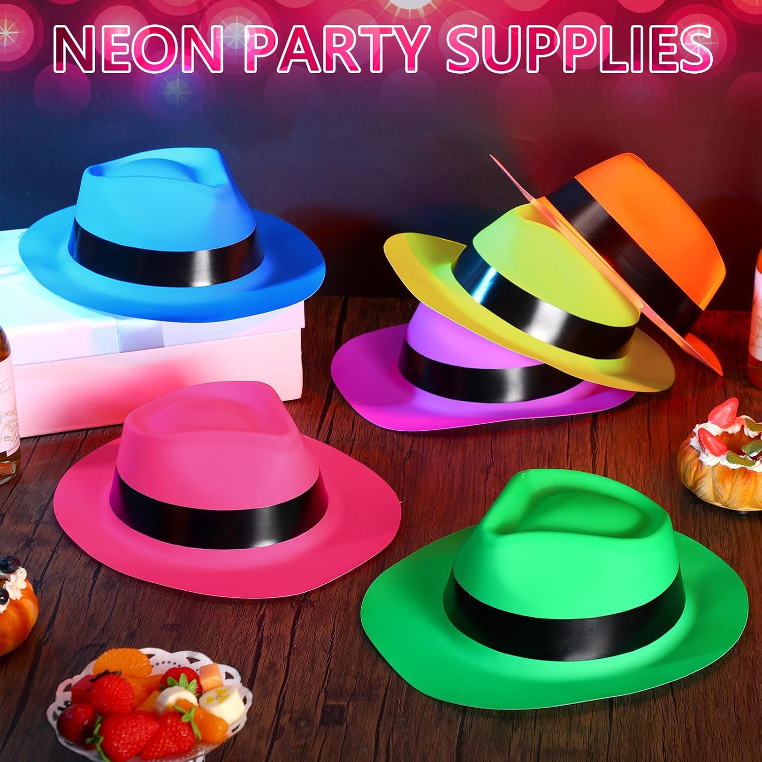 Handepo 96 Pcs Neon Gangster Hats 12 Inch Neon Hats for Glow Party Mafia Style Party Bright Dress Decor for Music Disco Props Favors Photo Booth Gangster Decorations