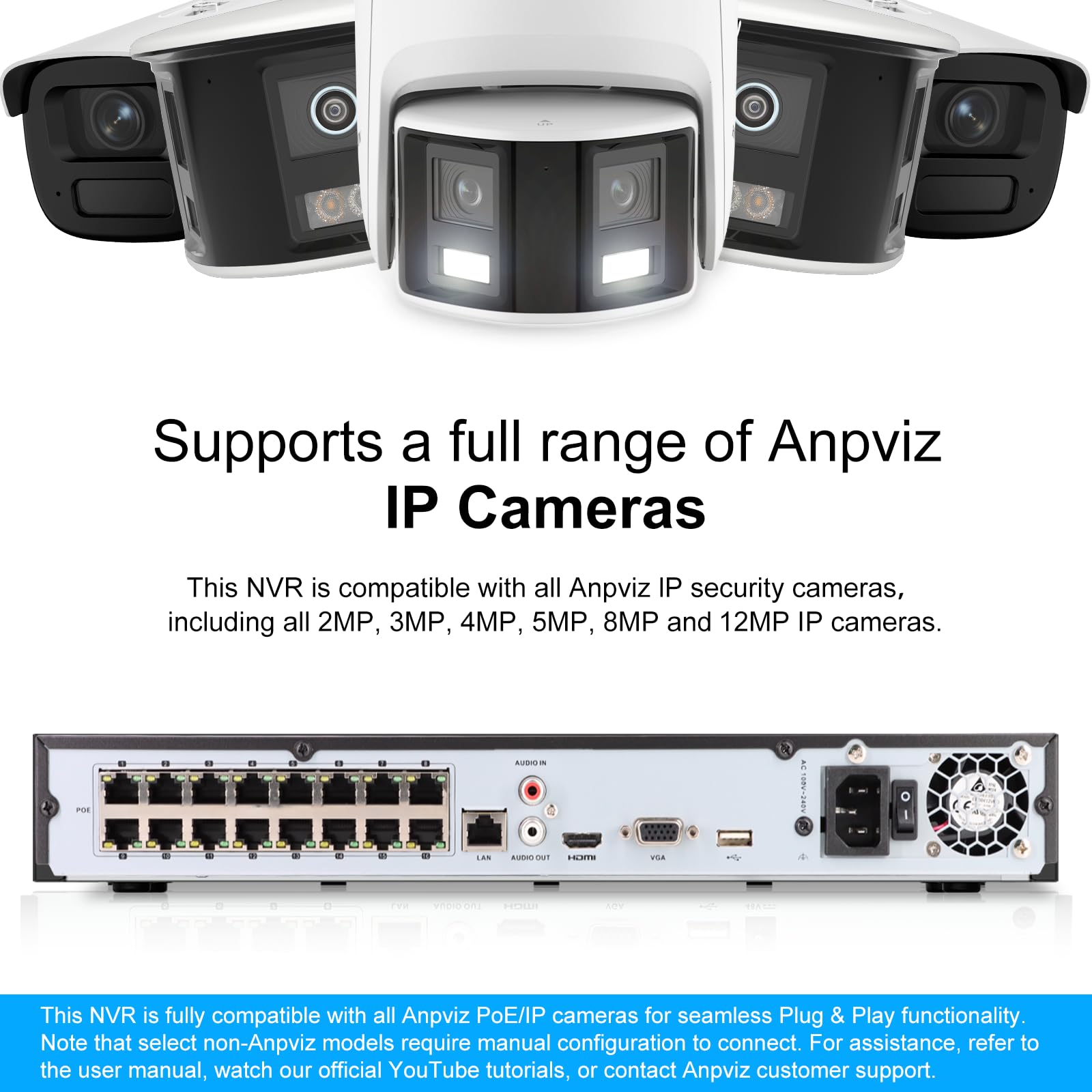 Anpviz Videoregistratore di rete PoE a 16 canali 4K NVR (1080p/3MP/4MP/5MP/6MP/8MP), sistema di videoregistratore di sicurezza domestica IP, conforme H.265+, backup compatibile IVMS4200 (16CH 4K NVR