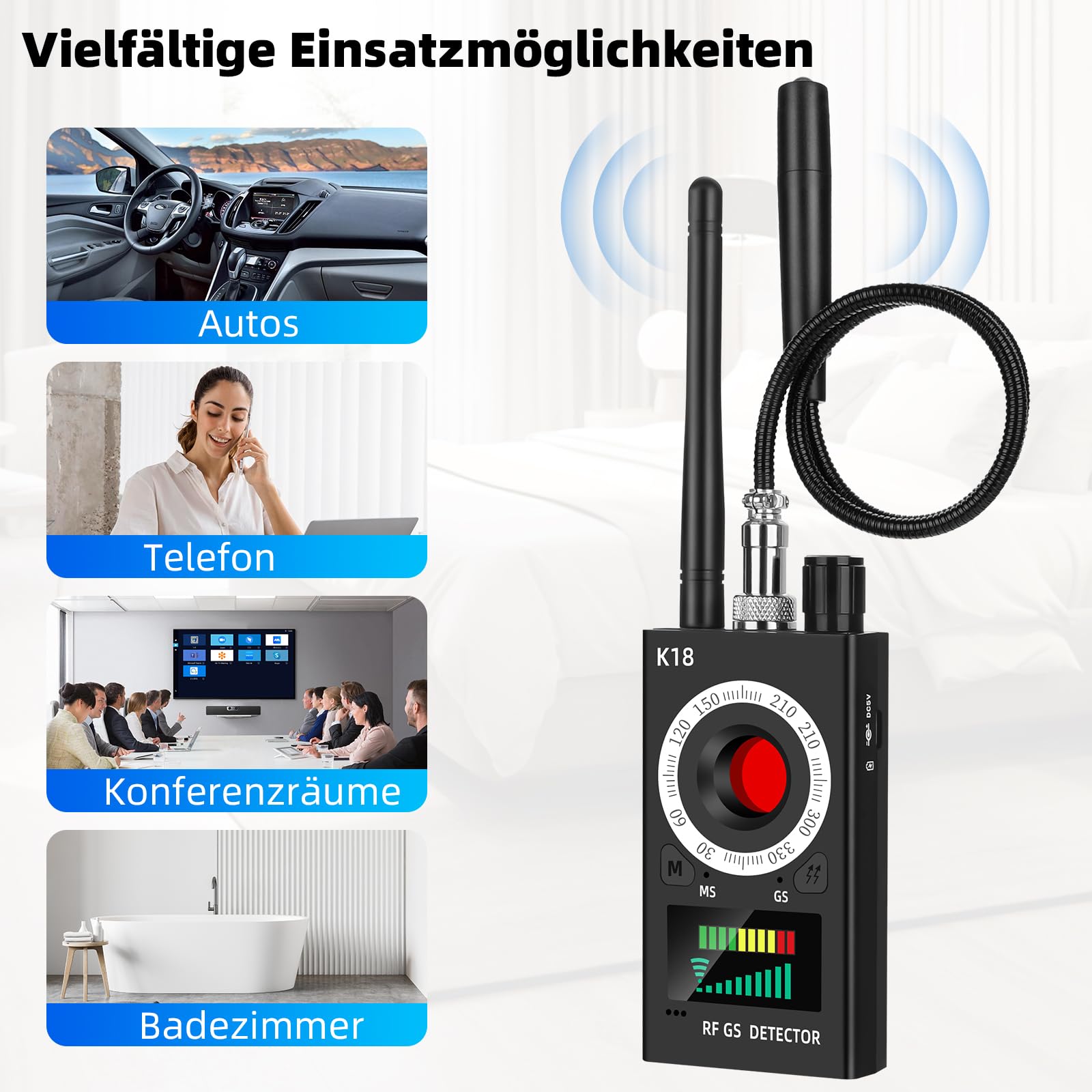 K18 Détecteur RF de Punaises – Détecteur de Signal pour Caméras Cachées, GSM Tracker, Appareils d'Écoute et Dispositifs GPS Magnétiques, Scanner de Punaises Portable pour la Maison, le Bureau