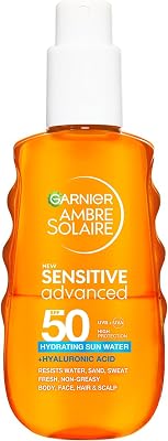 Garnier Ambre Solaire Face and Body SPF 50, Daily UV Hyaluronic Acid Sensitive Advanced Hydrating Sun Water, Protects, Hydrates & Refreshes, Resistance to Water, Sweat & Sand, Face, Body & Hair, 150ml