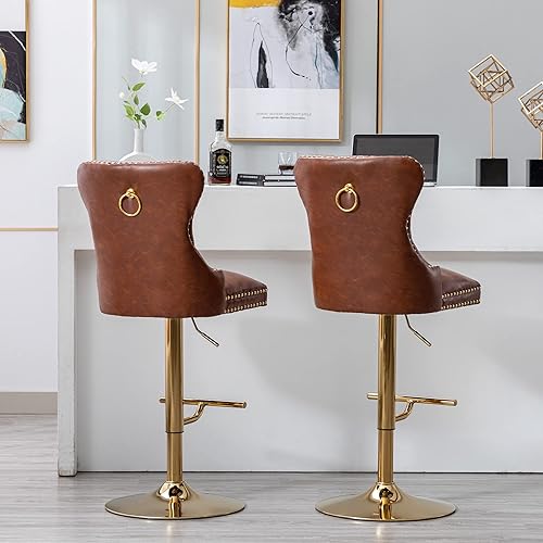 Miniatura 3 de DM Furniture Juego de 2 taburetes de bar altos giratorios de piel sintética con respaldo copetudo, sillas de bar modernas tapizadas ajustables con