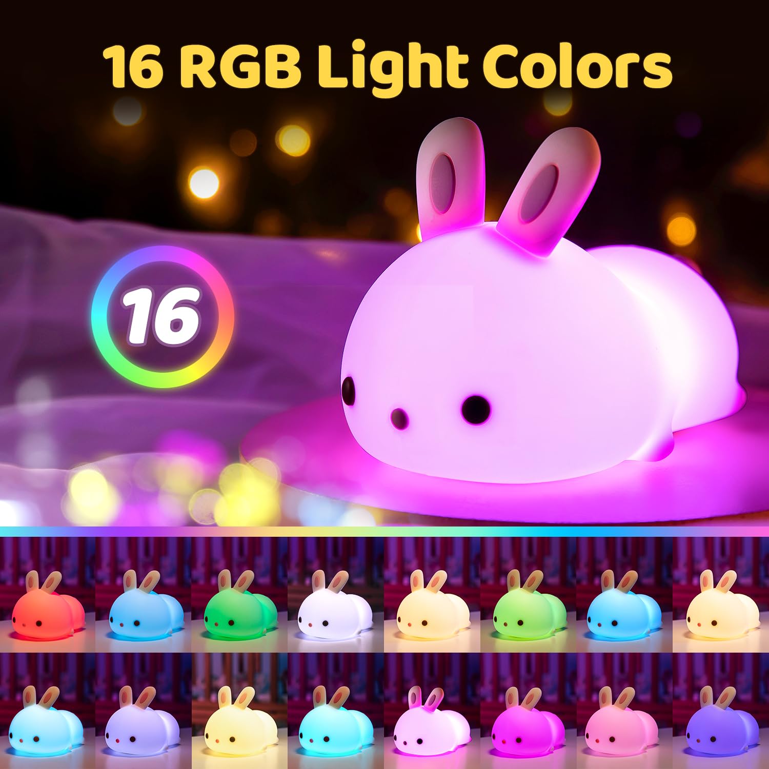 One Fire Luce Notturna Bambini,16 Colori Coniglio Lampada Notturna per Bambini,Ricaricabile USB Lucina Notte Bambini,Silicone Luce Notturna Neonato Regalo Battesimo Bambina Regali Natale Kawaii Gadget